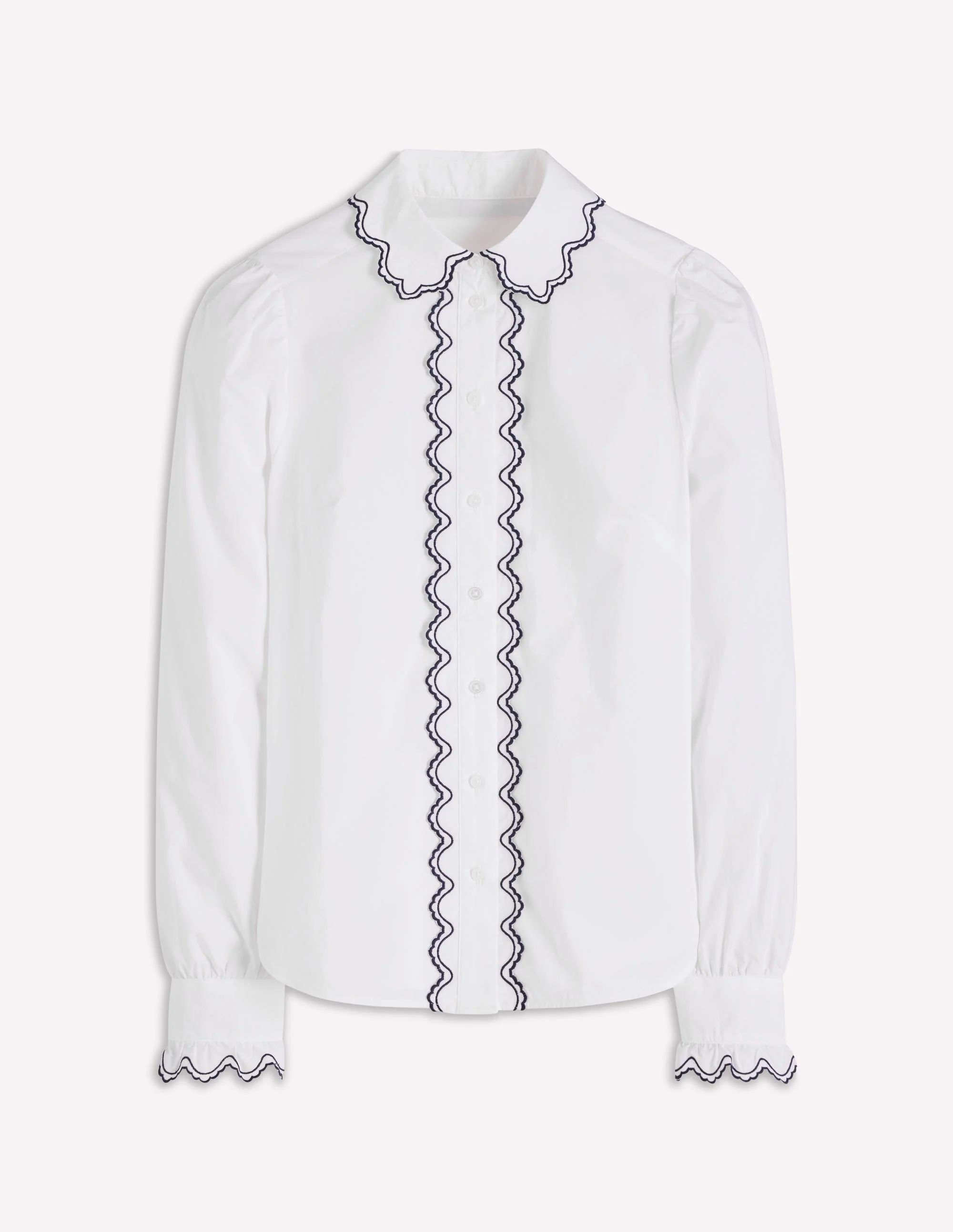 Embroidered Cotton Shirt-White, Navy Embroidery - Image 6