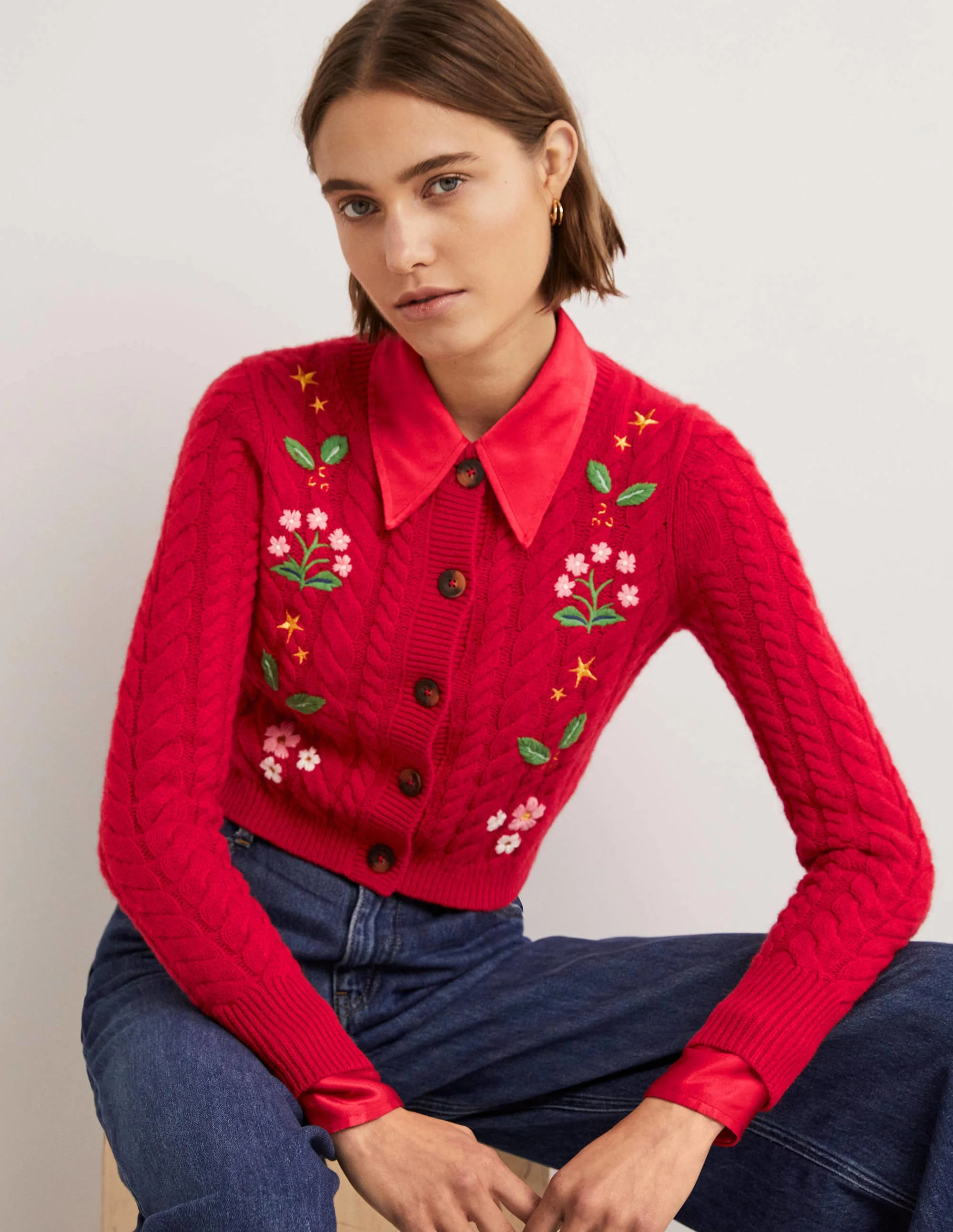 Embroidered Cropped Cardigan-Rockabilly Red Embroidery