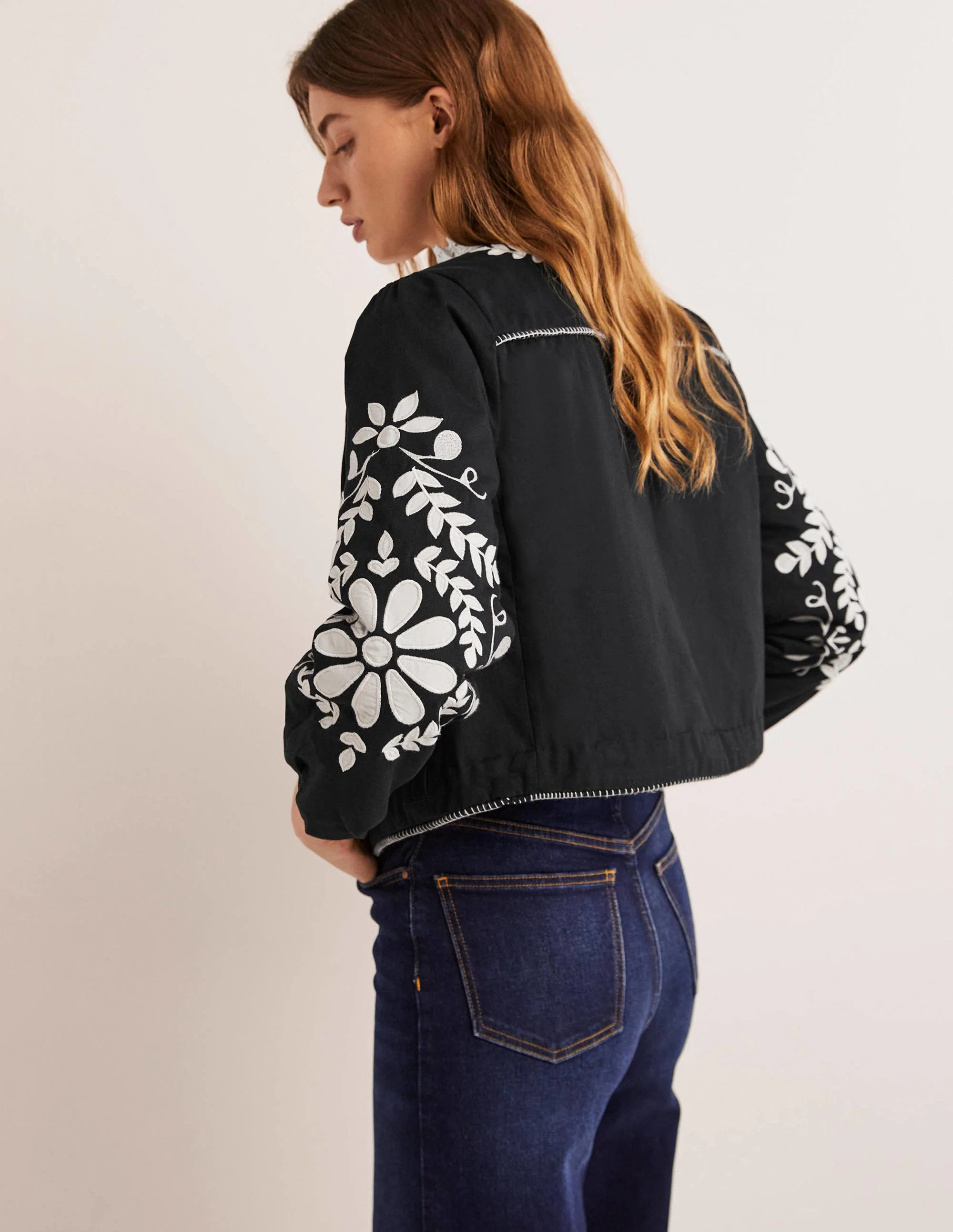 Embroidered Cropped Jacket-Black with Taupe - Image 5
