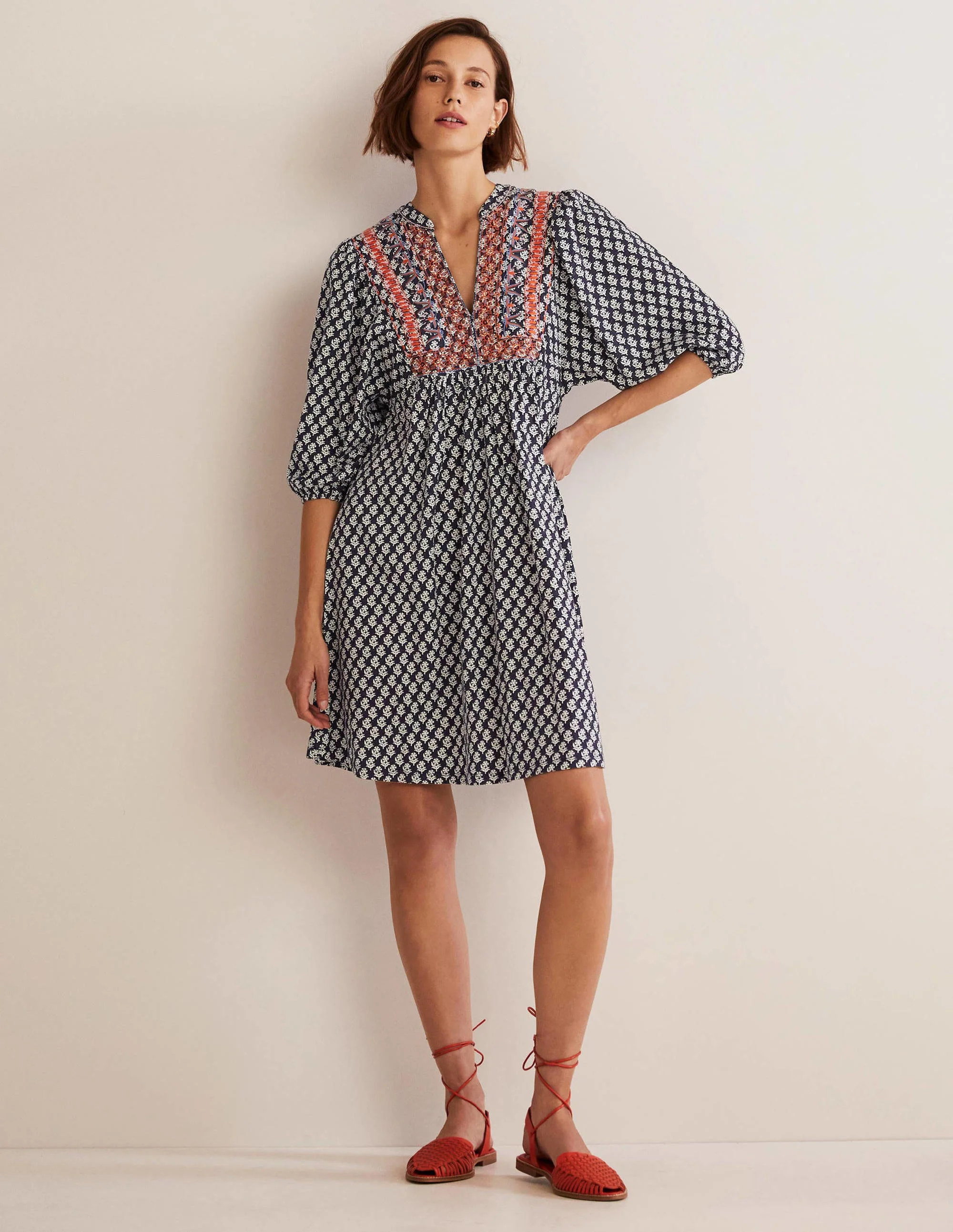 Embroidered Jersey Dress-Navy, Woodblock Bloom - Image 4