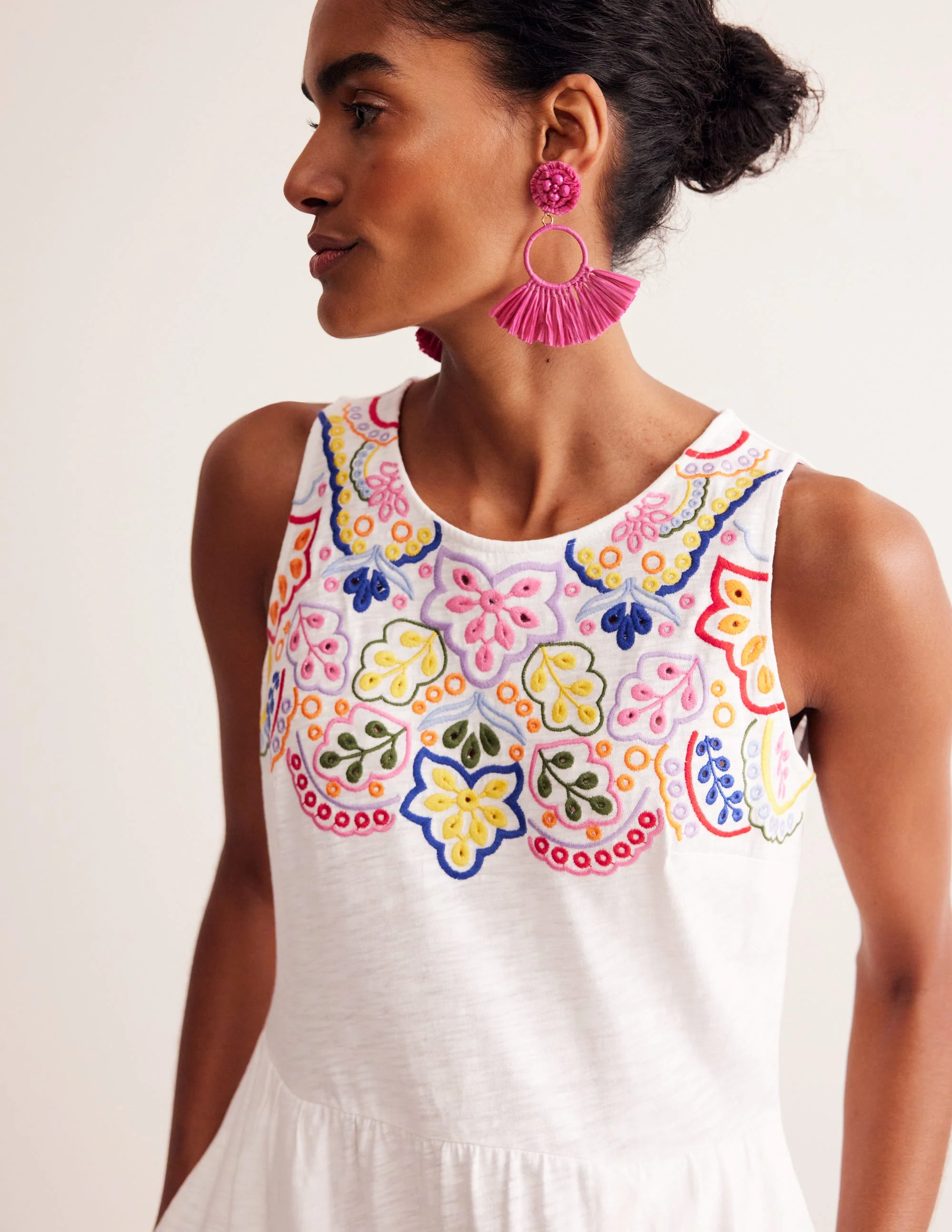 Embroidered Jersey Midi Dress-White - Image 2
