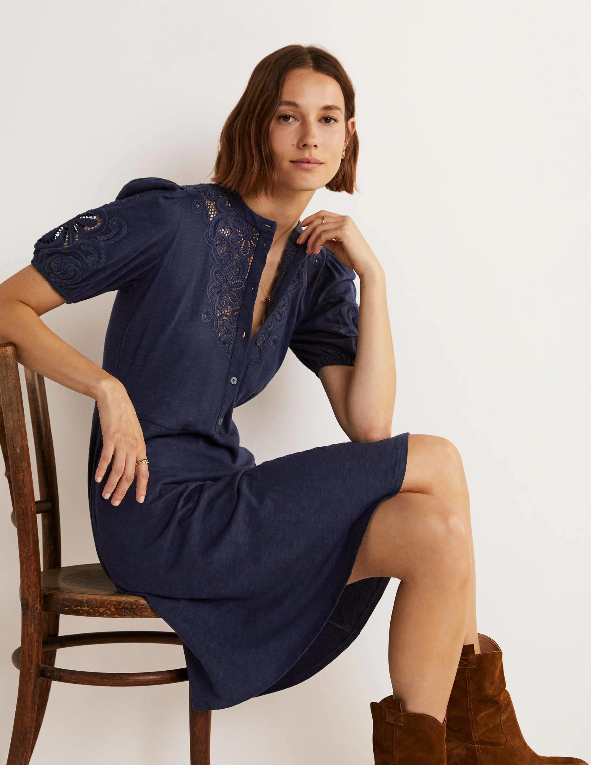 Embroidered Jersey Shirt Dress-Navy - Image 5