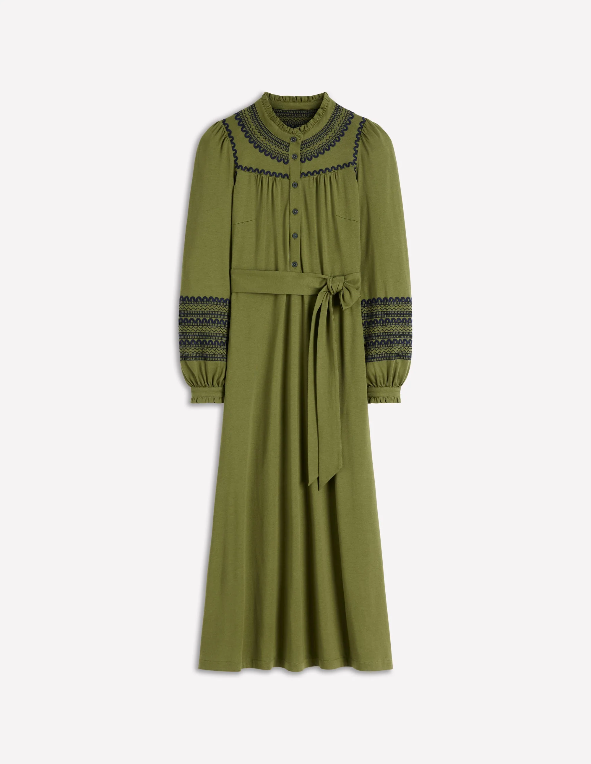 Embroidered Jersey Shirt Dress-Olive - Image 6