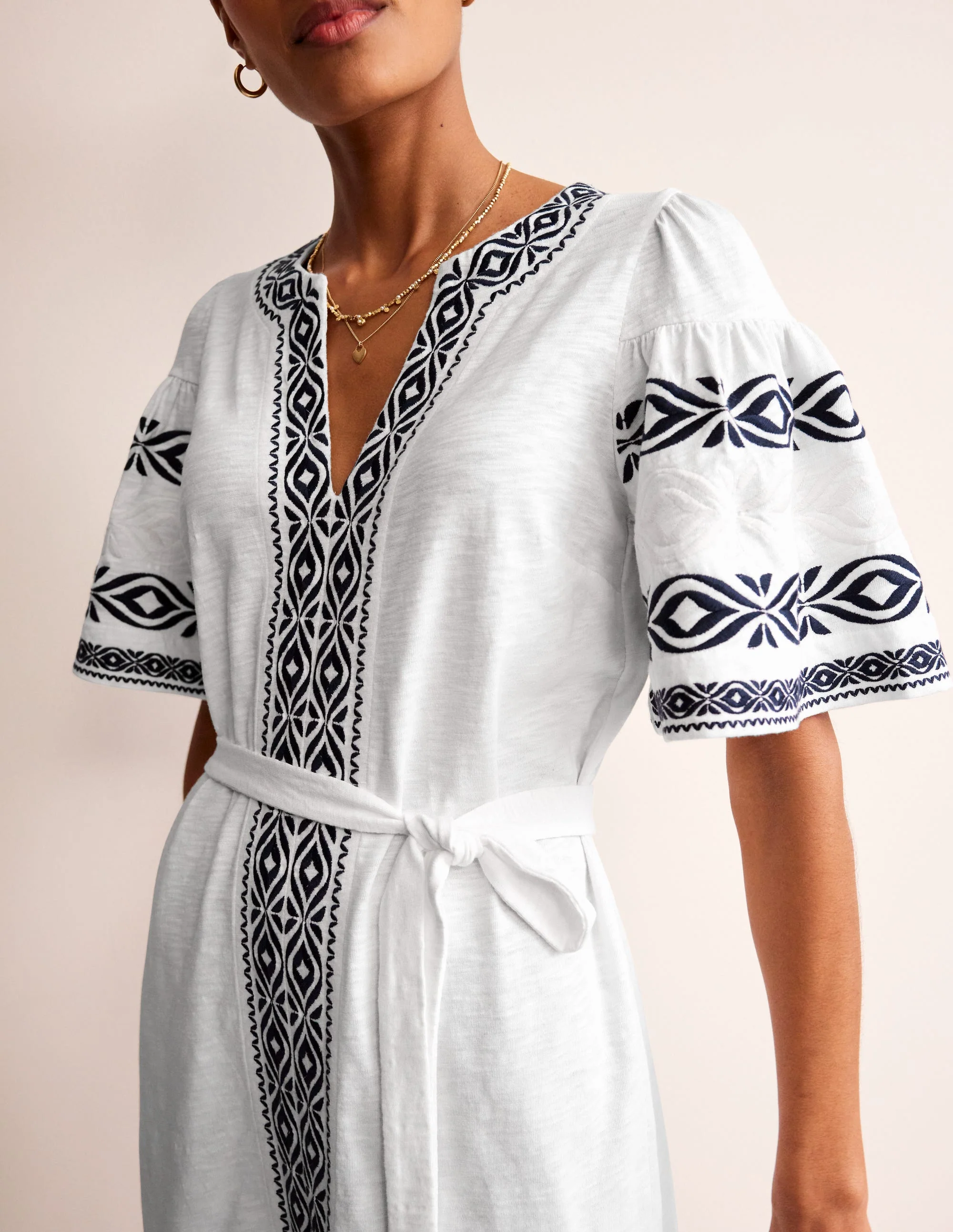 Embroidered Jersey Short Dress-White - Image 2