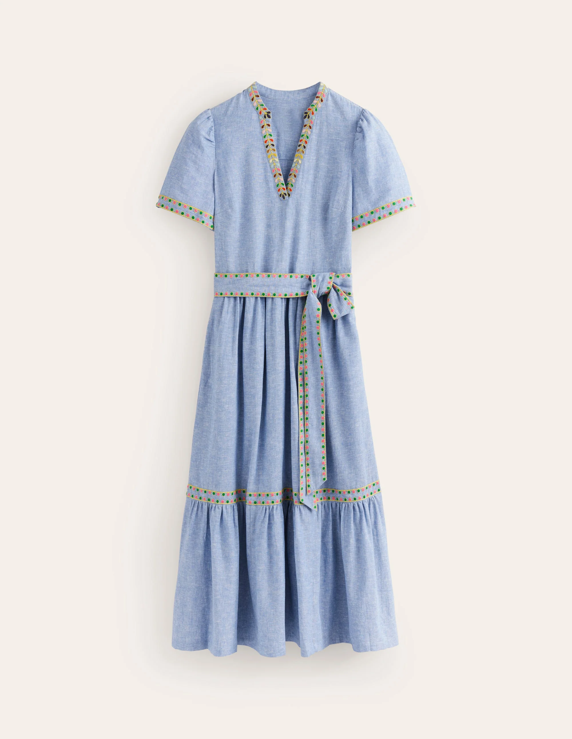 Embroidered Linen Blend Dress-Chambray - Image 6