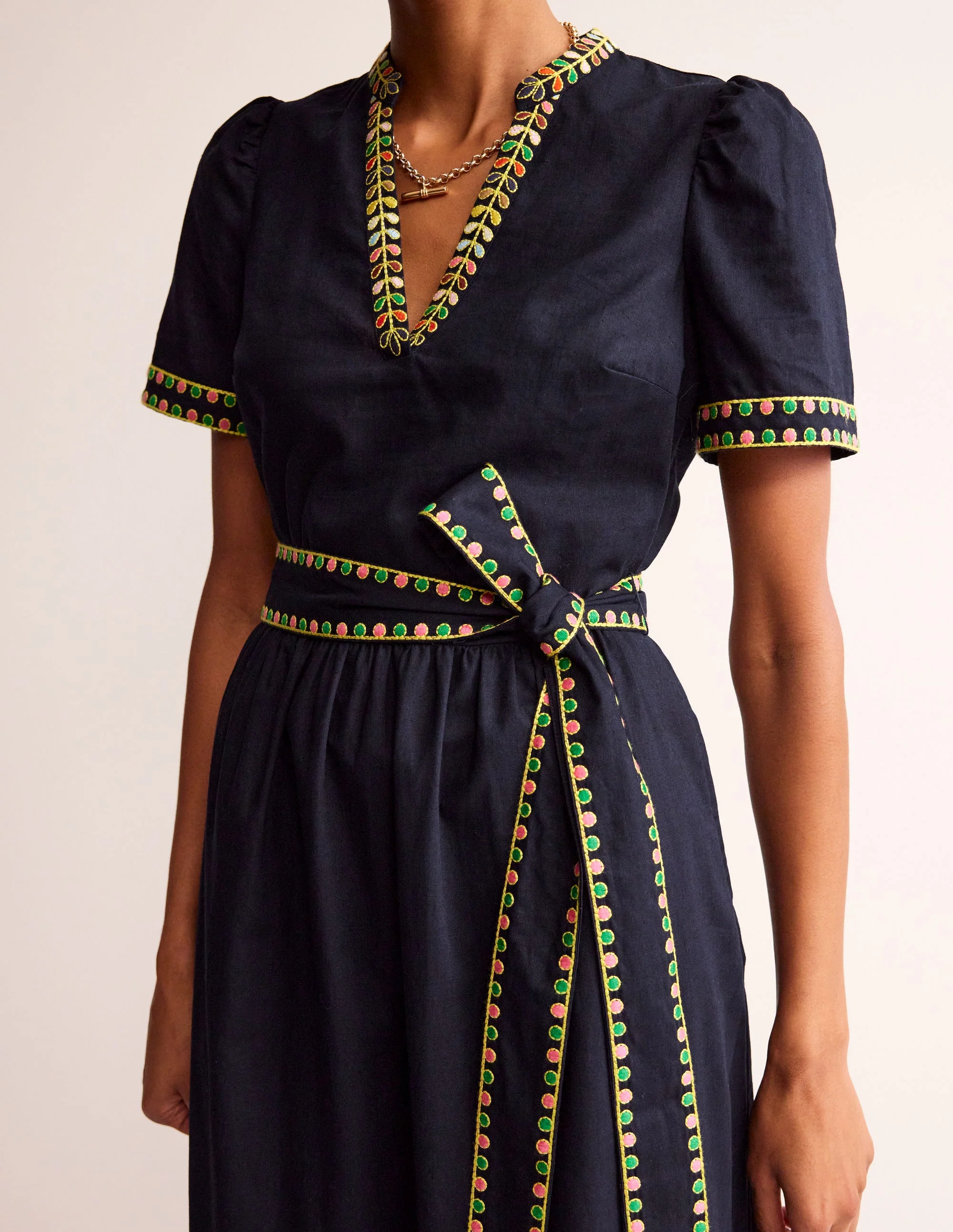 Embroidered Linen Blend Dress-Navy - Image 2