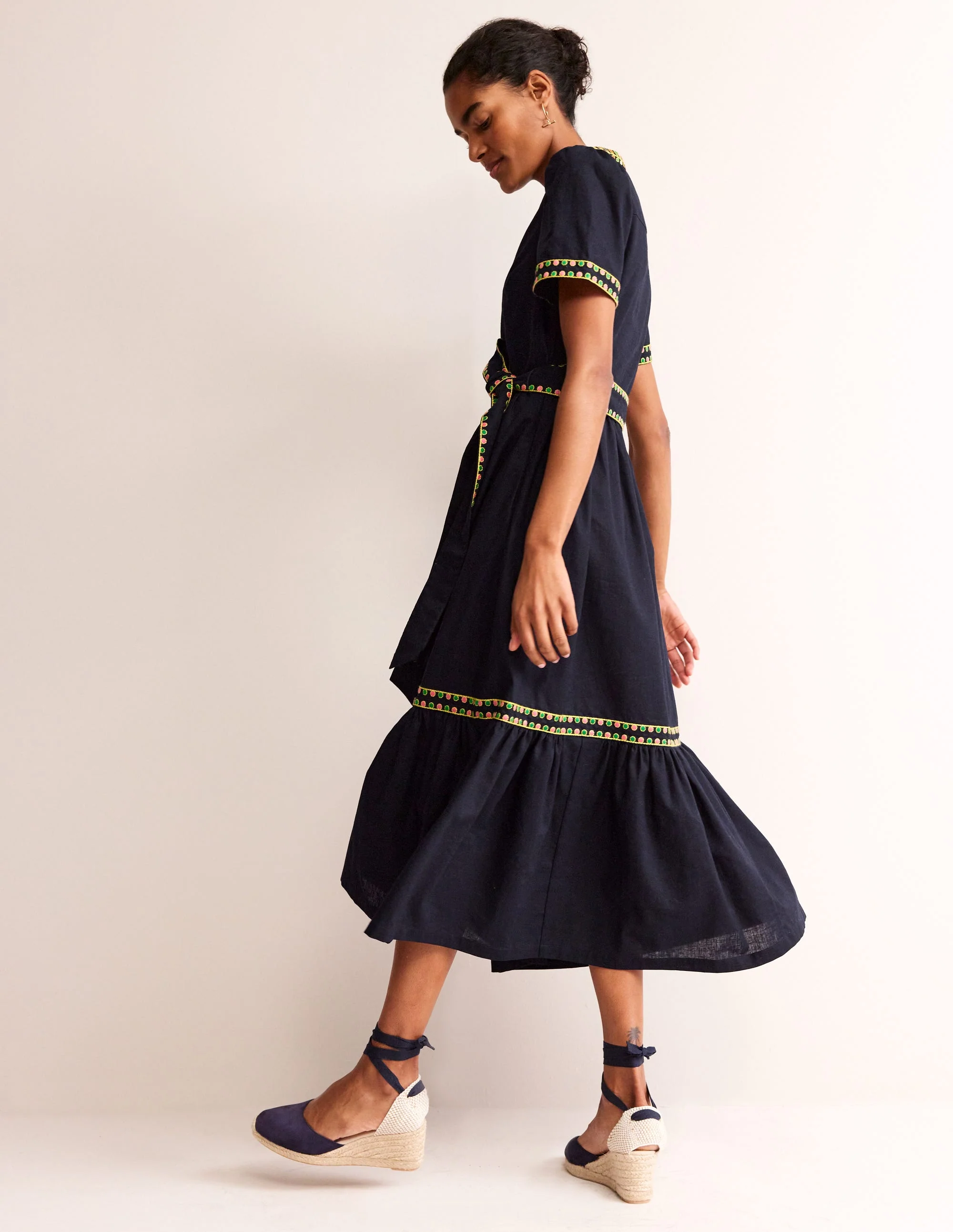 Embroidered Linen Blend Dress-Navy - Image 4