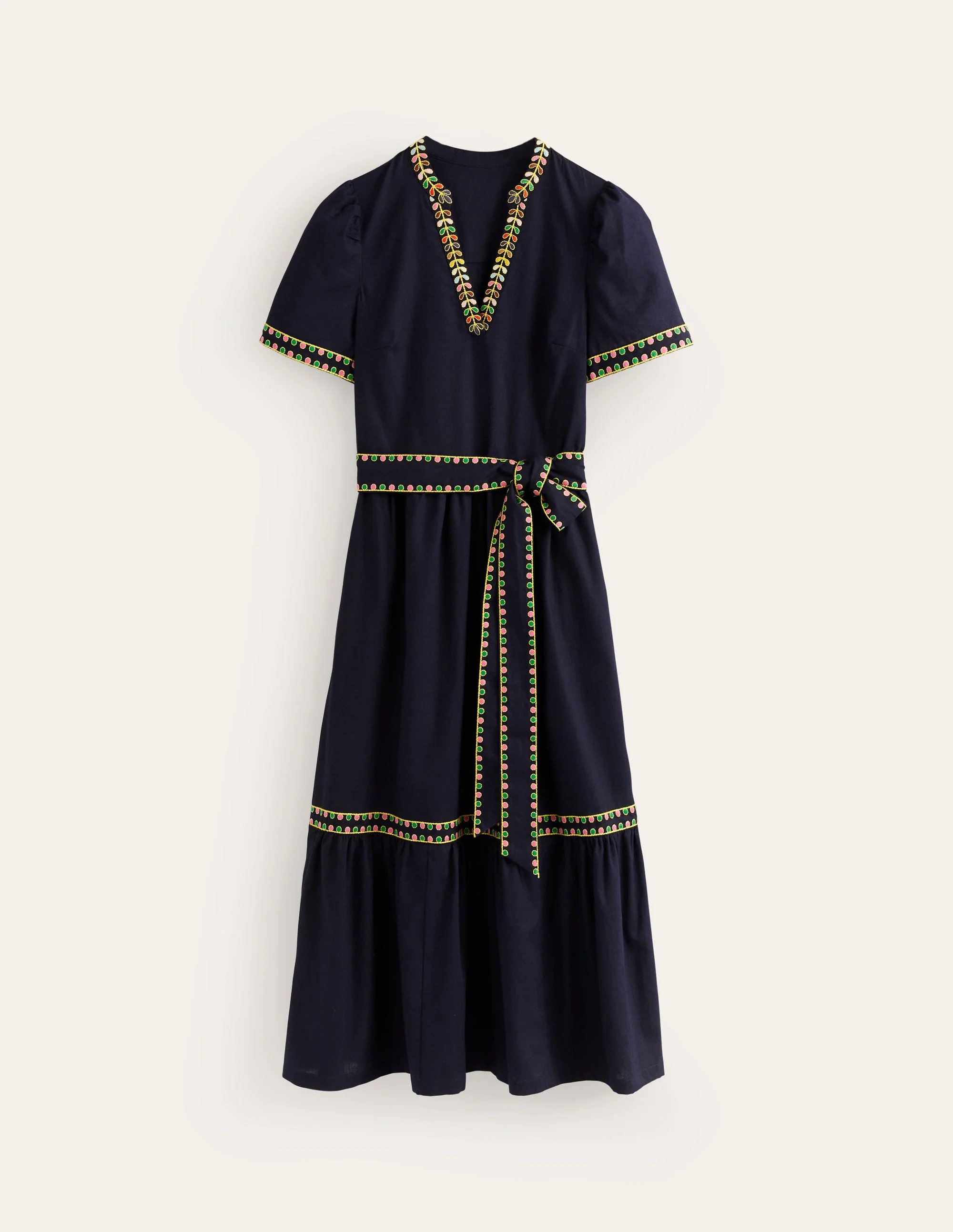Embroidered Linen Blend Dress-Navy - Image 5