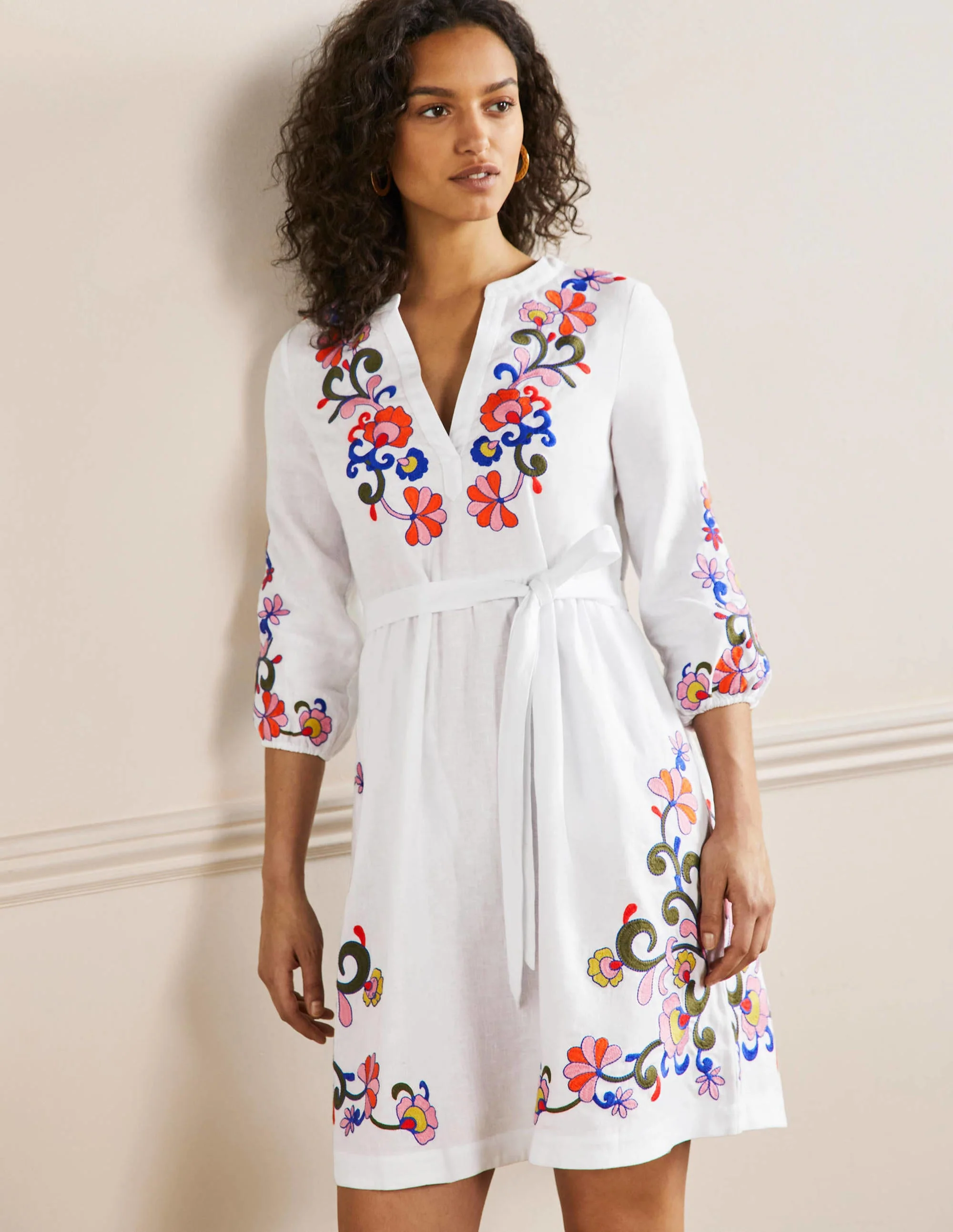 Embroidered Linen Dress-White