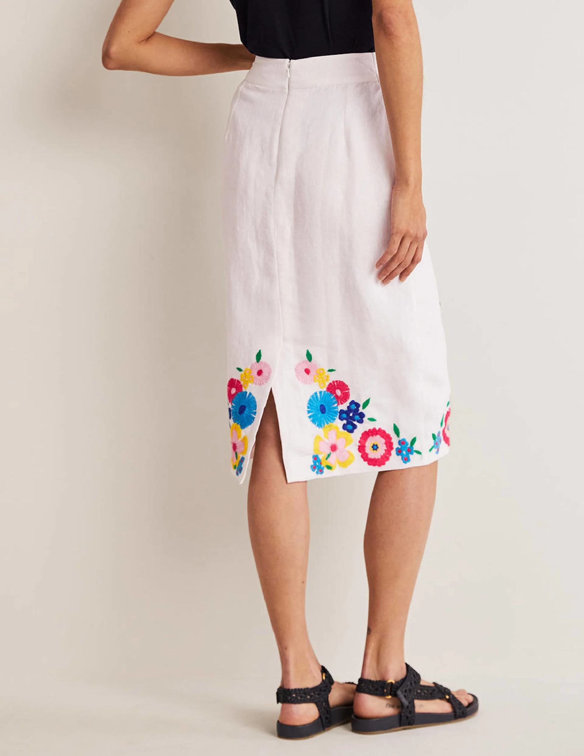 Embroidered Linen Pencil Skirt-White, Embroidered - Image 3