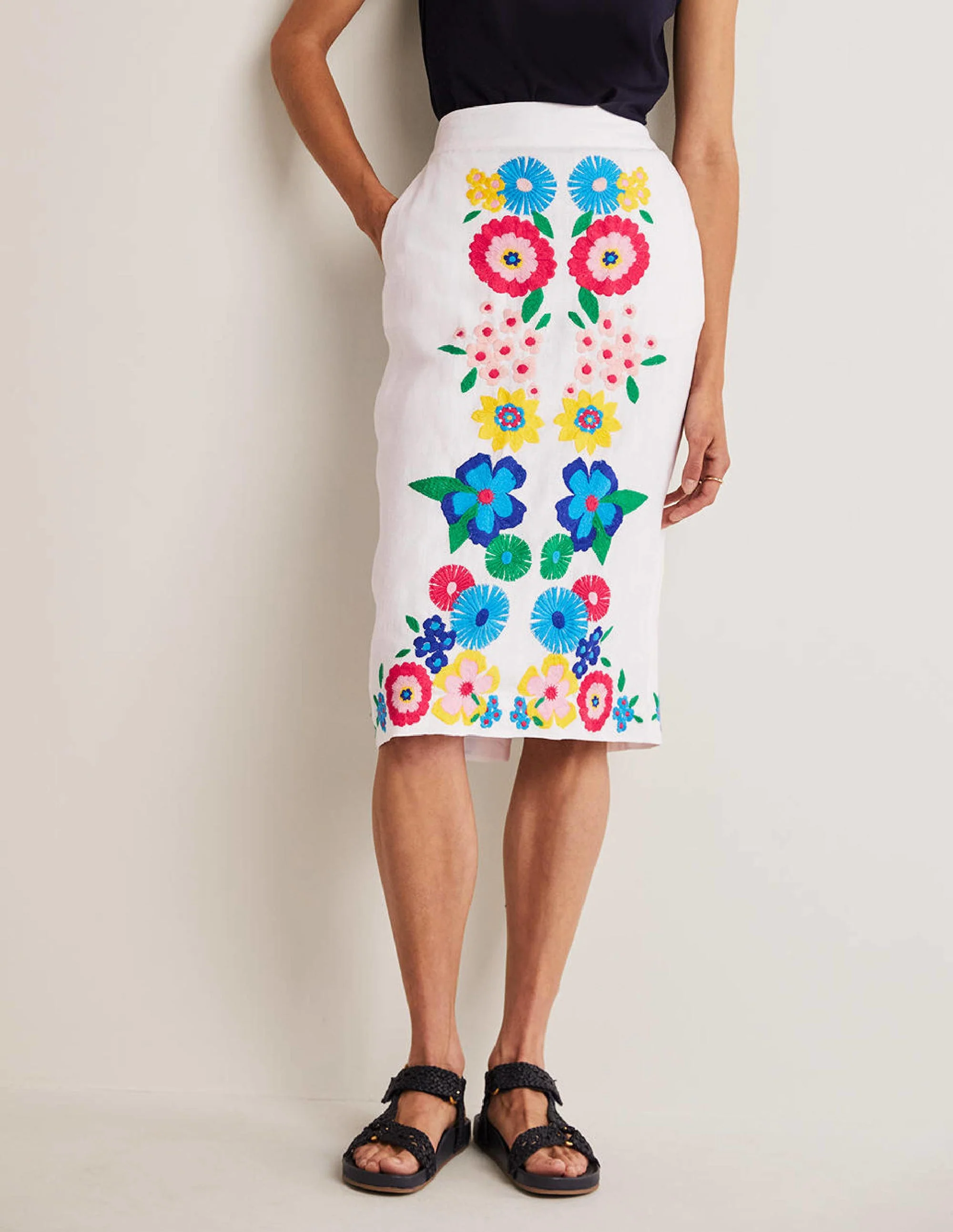 Embroidered Linen Pencil Skirt-White, Embroidered - Image 4
