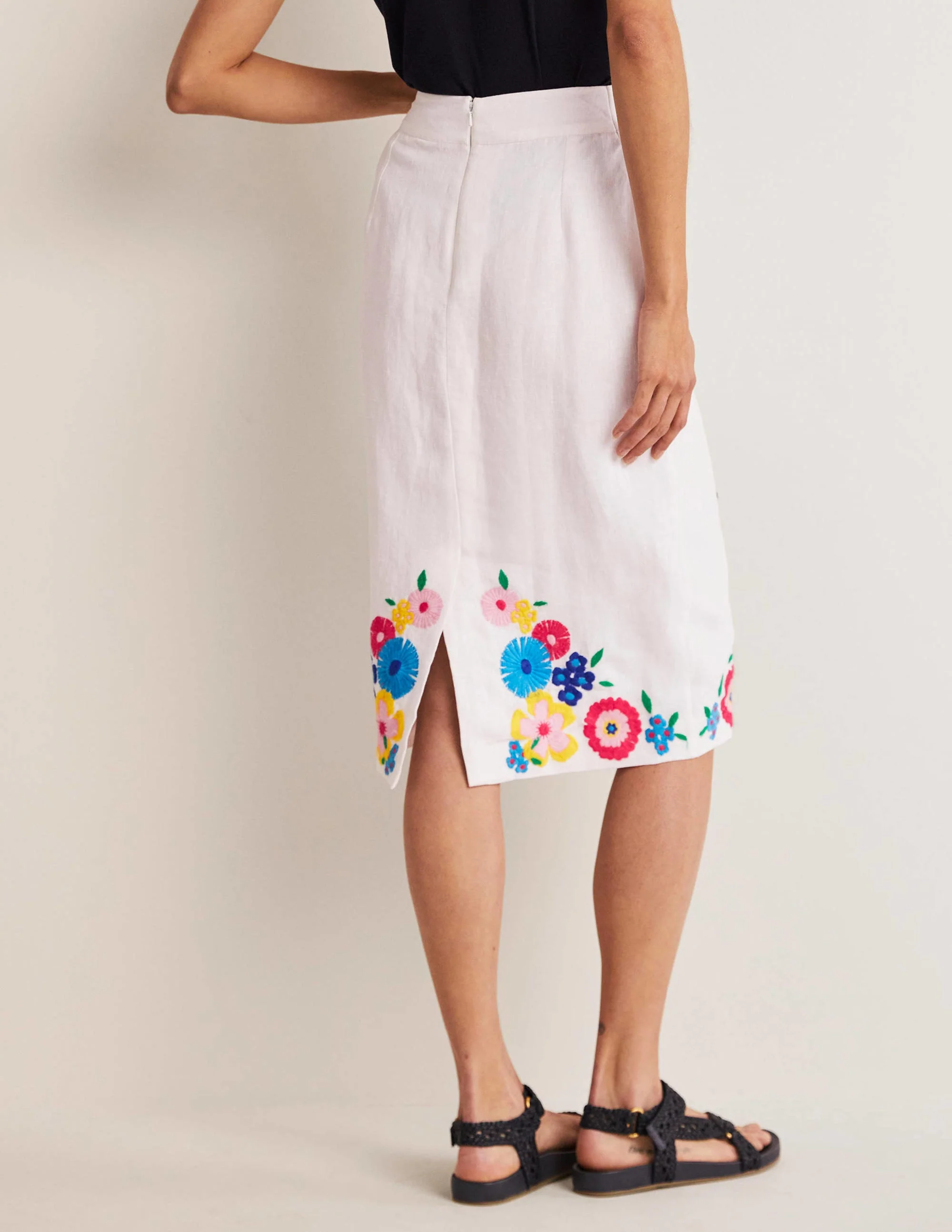Embroidered Linen Pencil Skirt-White, Embroidered - Image 7