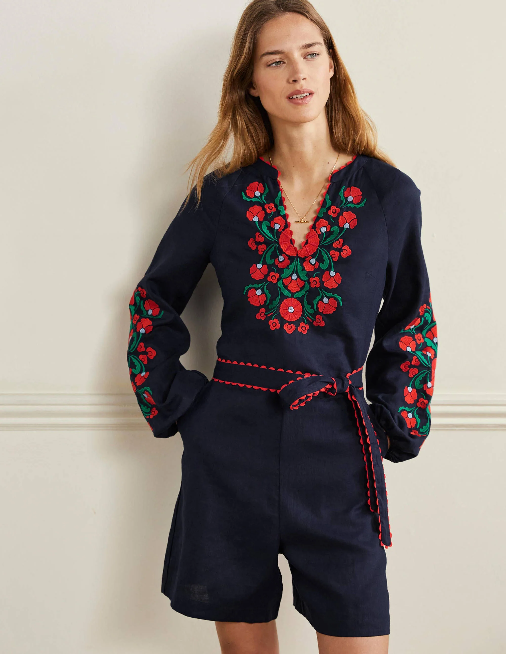 Embroidered Linen Playsuit-Navy, Passion Bloom