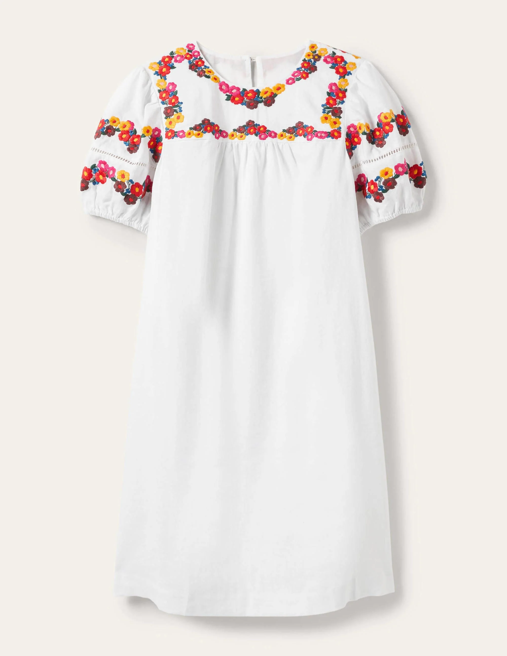 Embroidered Linen Shift Dress-White - Image 8