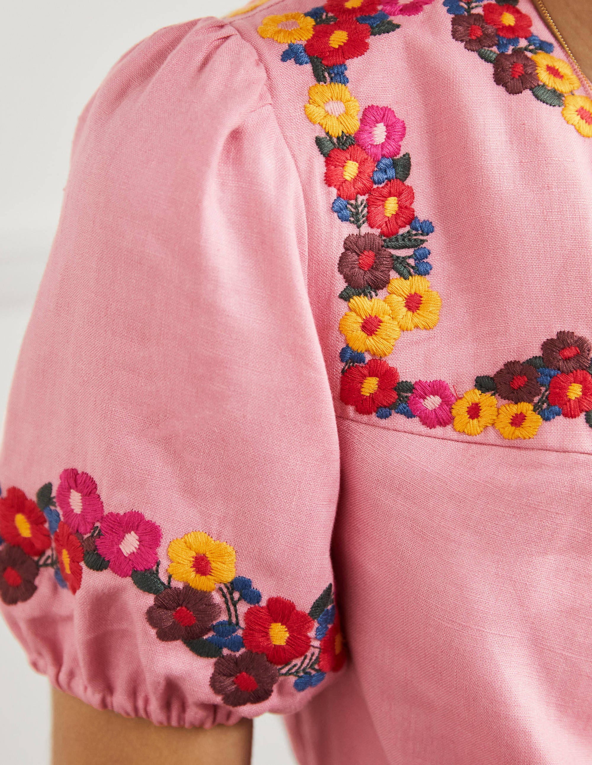 Embroidered Linen Top-Pink - Image 2
