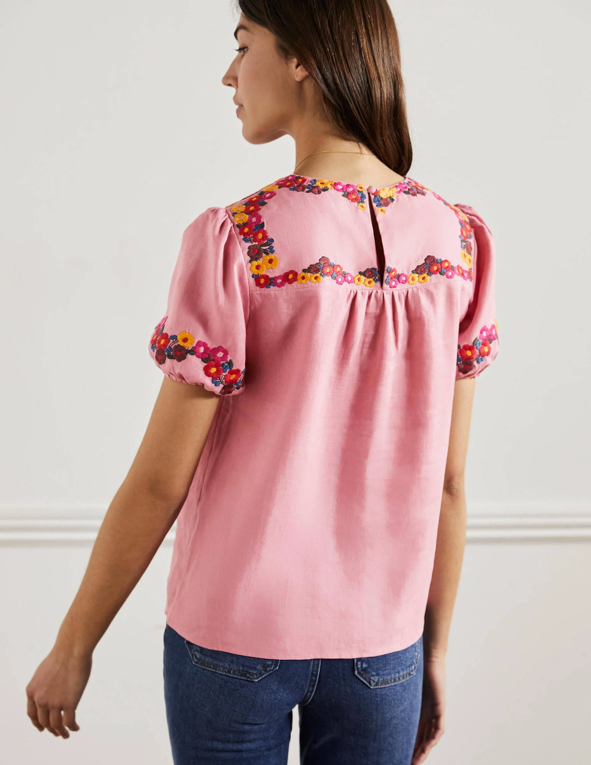 Embroidered Linen Top-Pink - Image 3