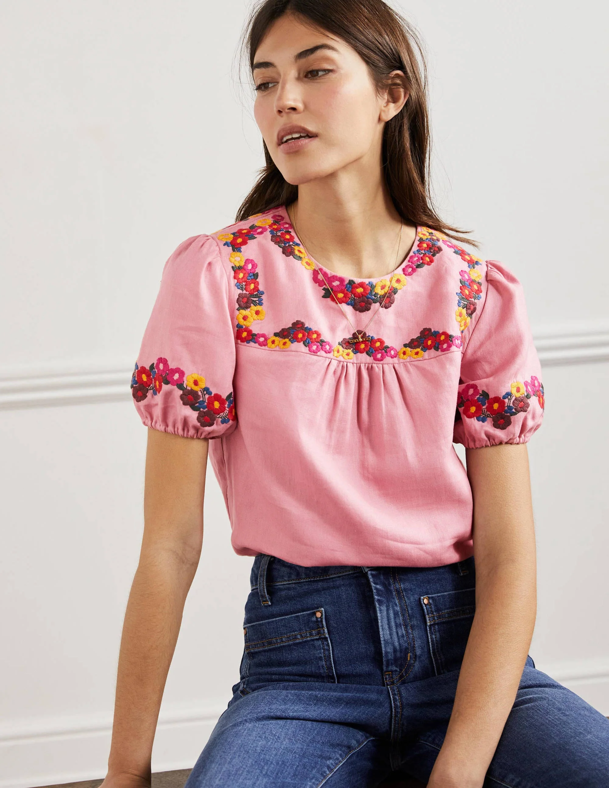 Embroidered Linen Top-Pink - Image 4