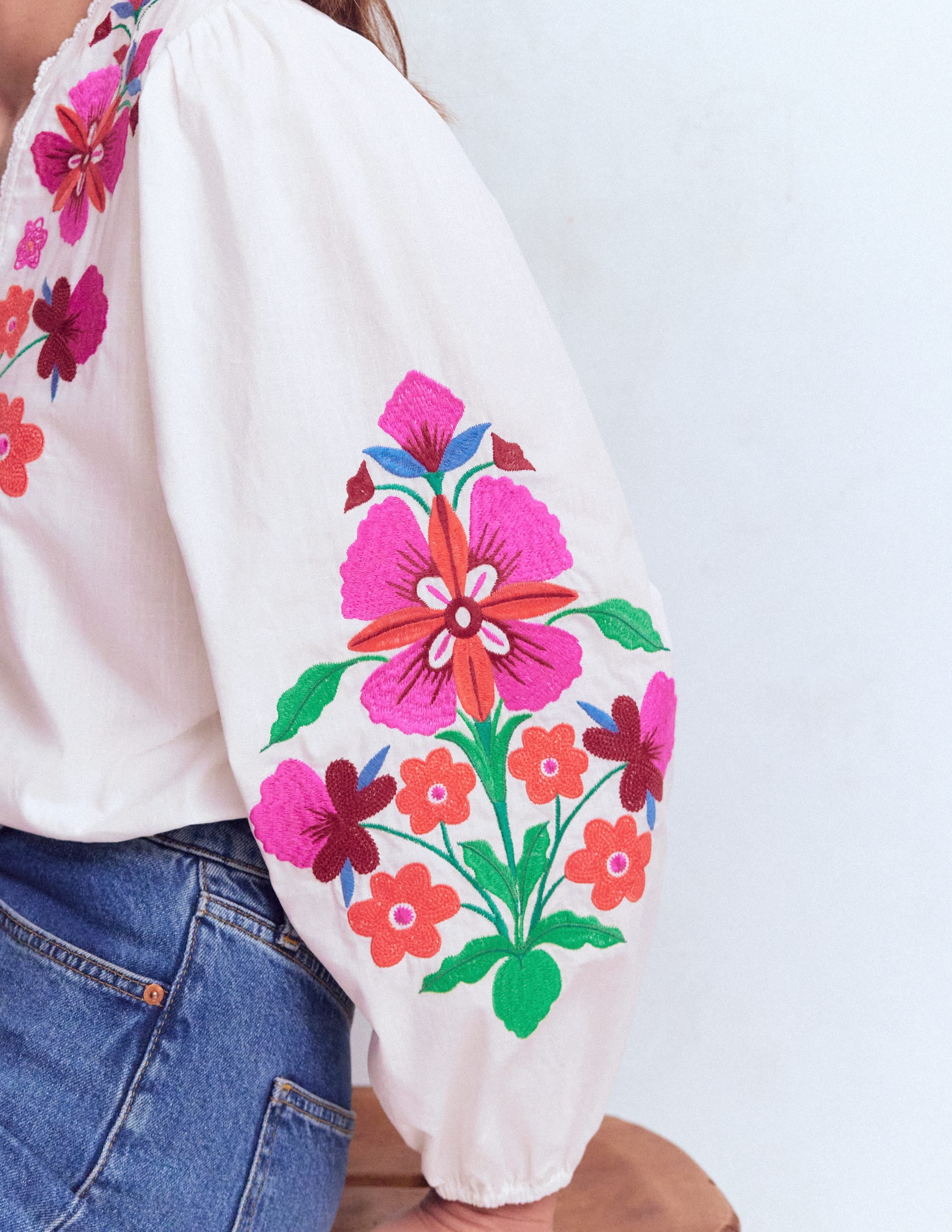 Embroidered Notch Neck Top-Floral Placement Embroidery - Image 3