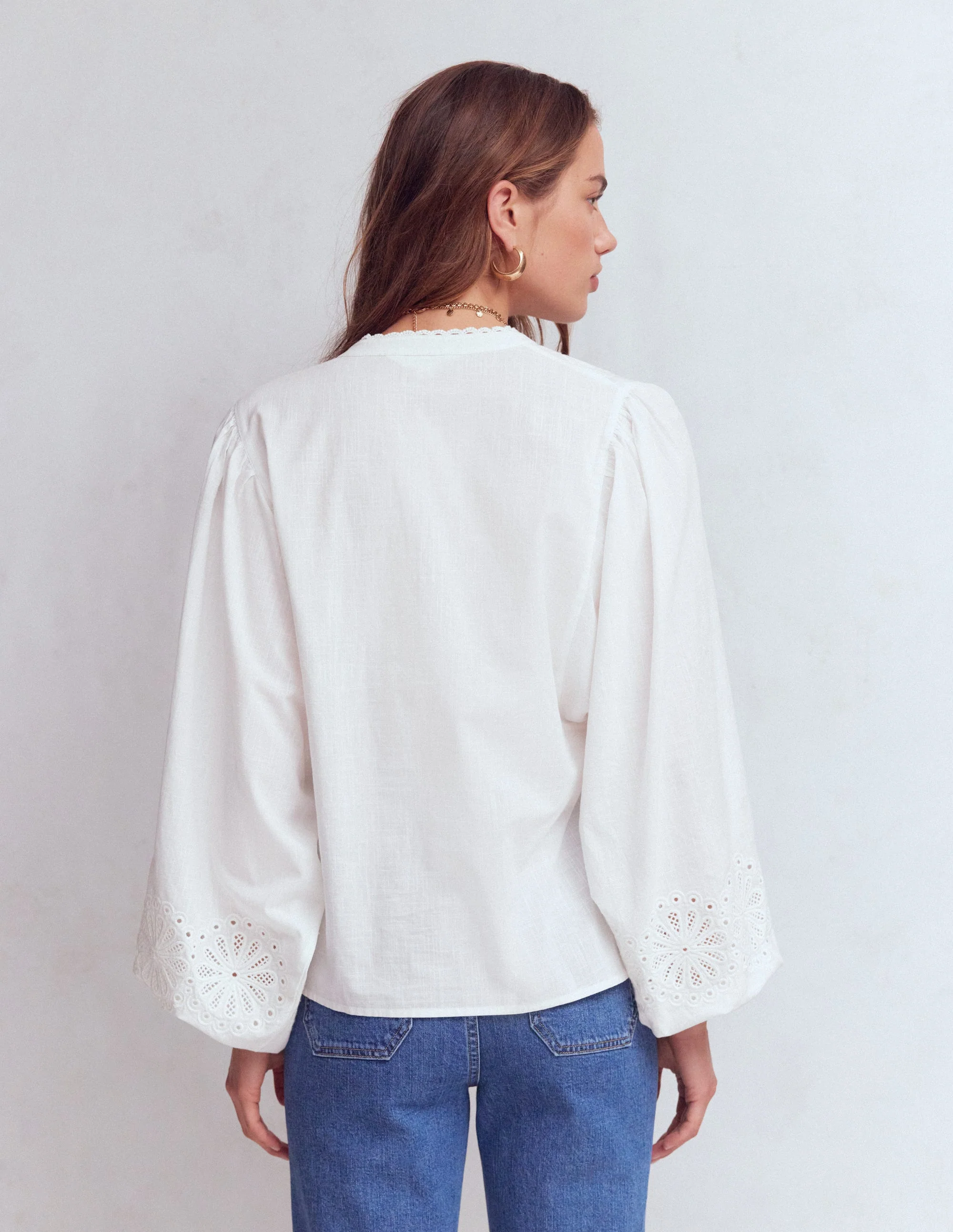 Embroidered Notch Neck Top-White - Image 3