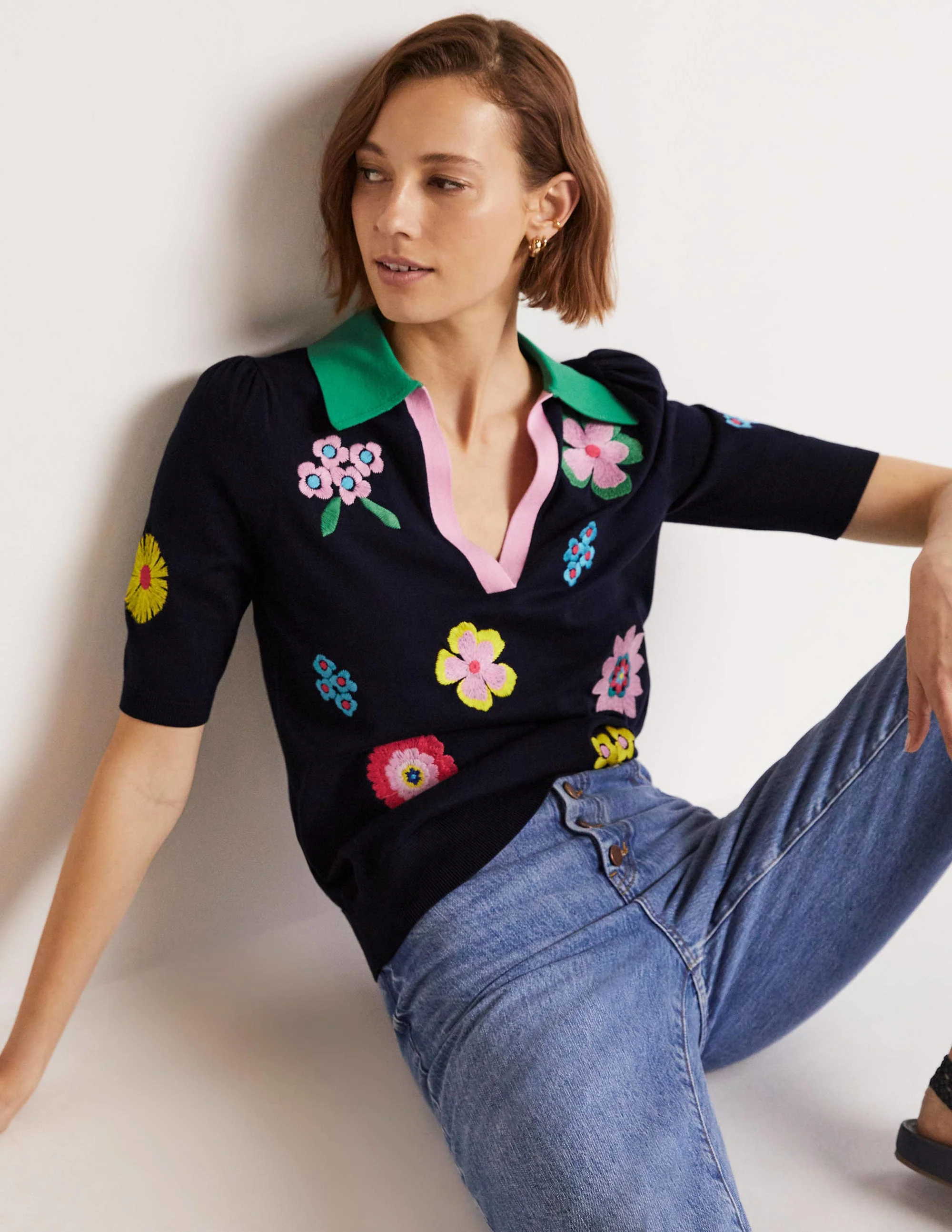 Embroidered Pop Collar Sweater-Navy, Multi Flowers