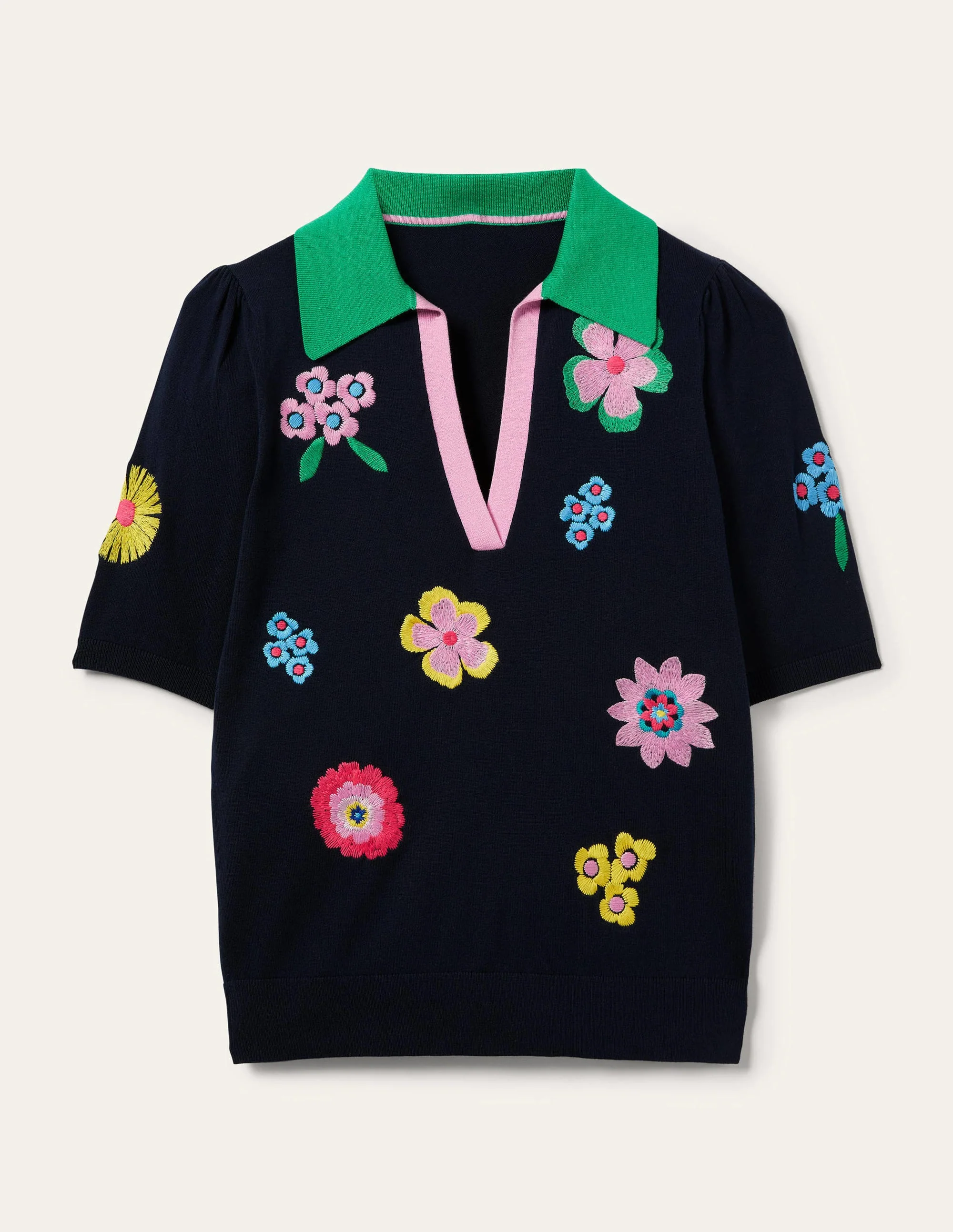 Embroidered Pop Collar Sweater-Navy, Multi Flowers - Image 10