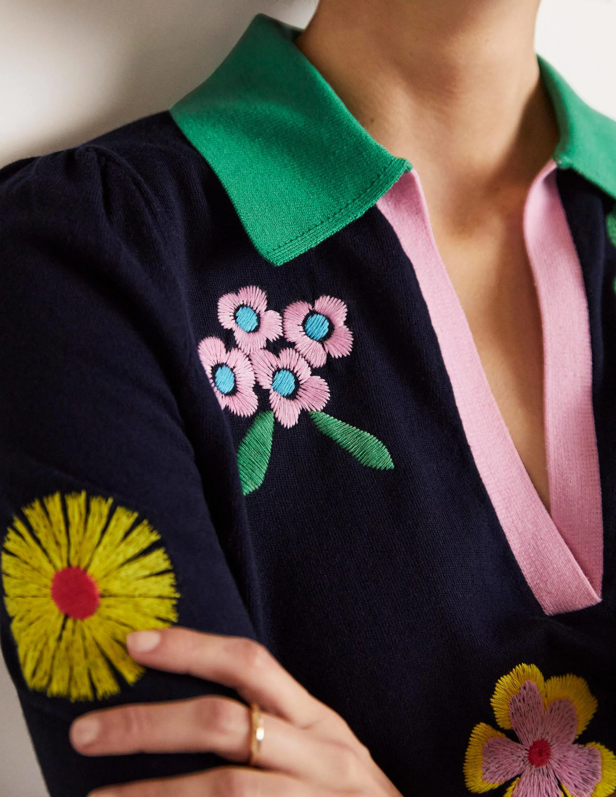 Embroidered Pop Collar Sweater-Navy, Multi Flowers - Image 6
