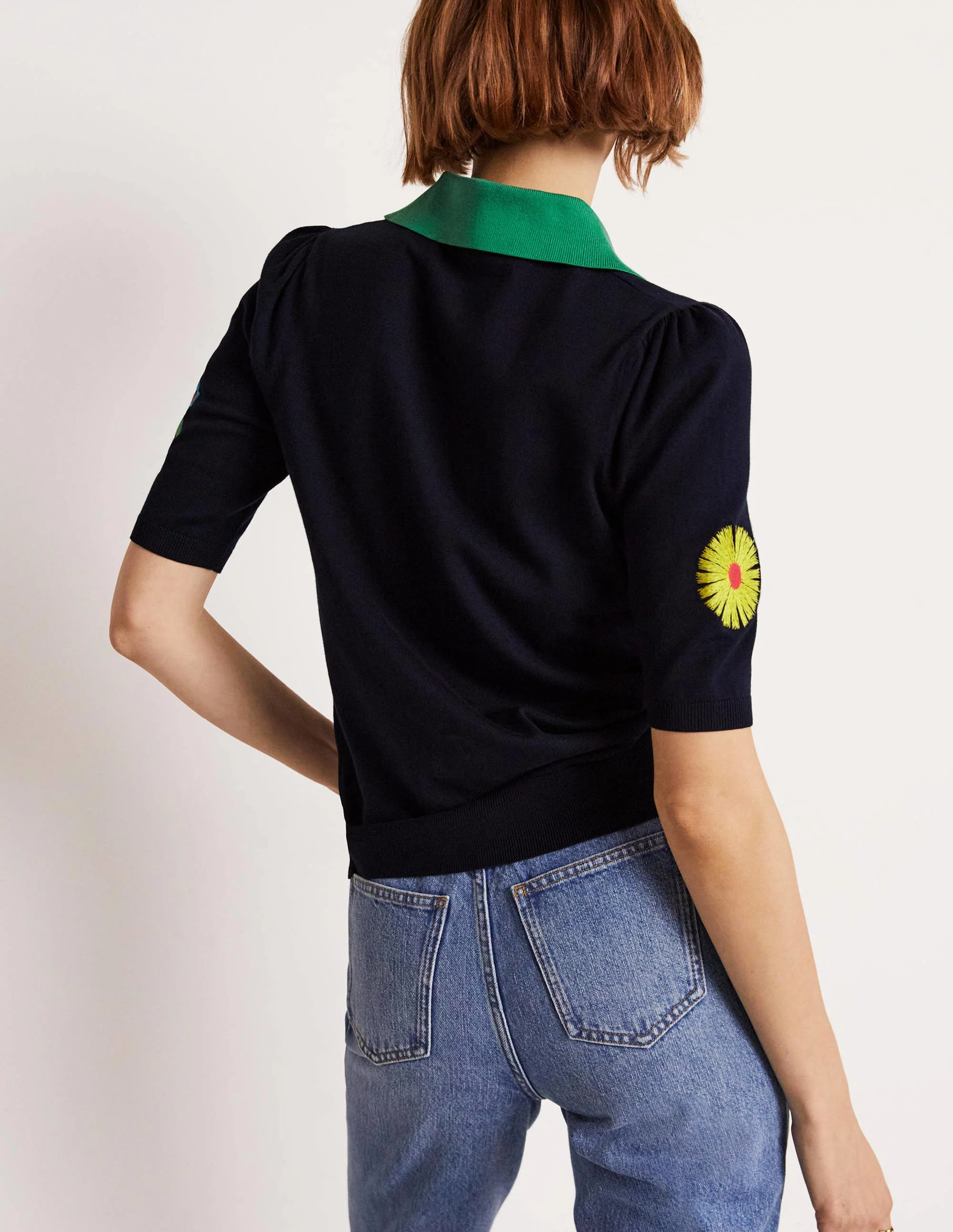 Embroidered Pop Collar Sweater-Navy, Multi Flowers - Image 7