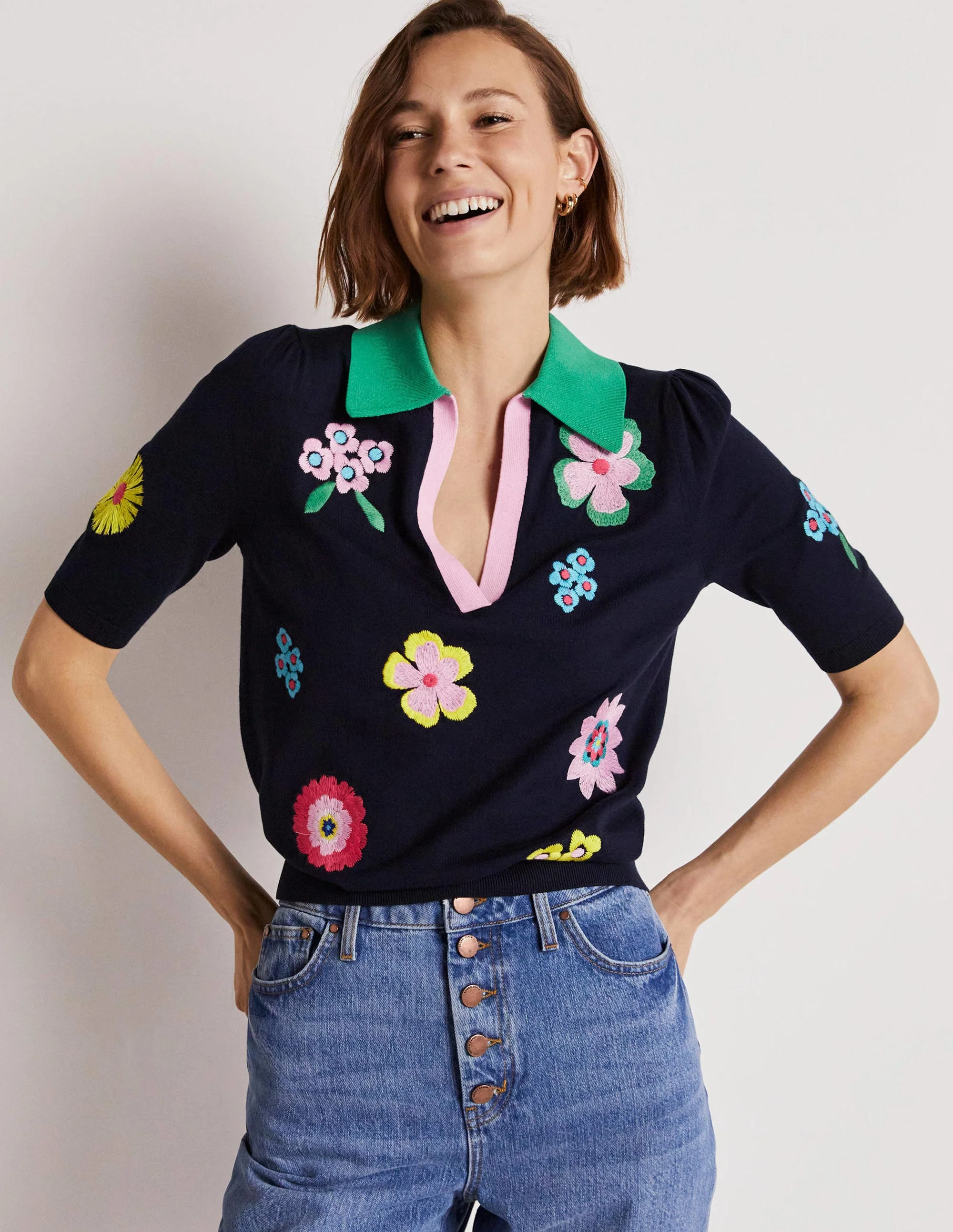 Embroidered Pop Collar Sweater-Navy, Multi Flowers - Image 8