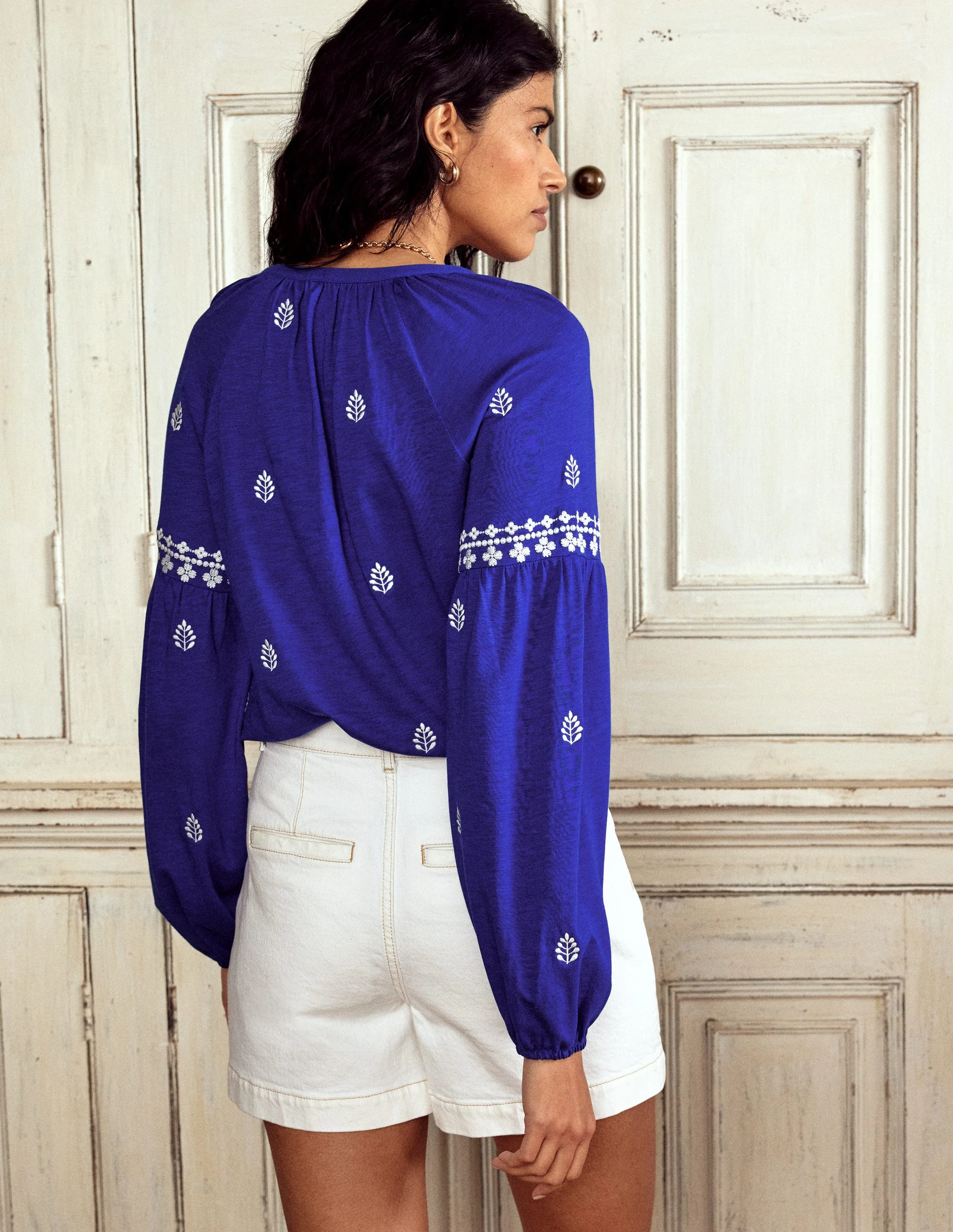 Embroidered Seam Sleeve Shirt-Bright Blue - Image 3