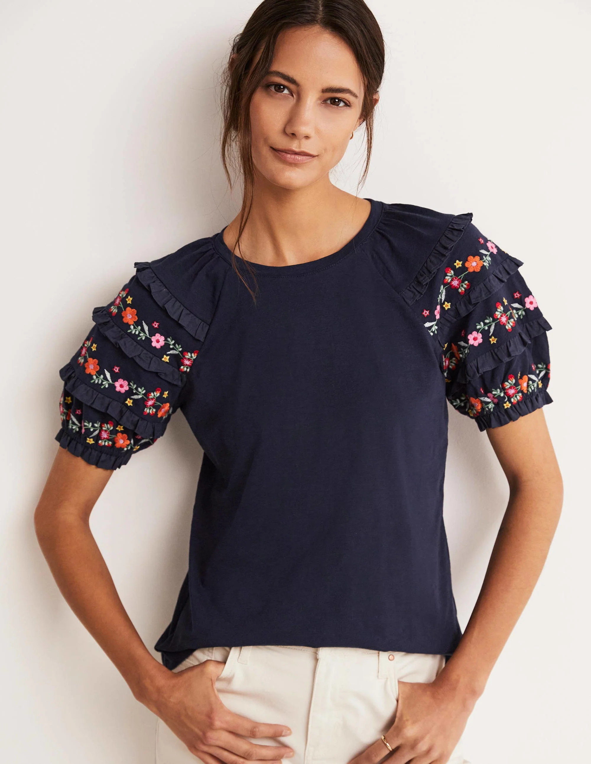 Embroidered Sleeve Jersey Top-Navy - Image 4