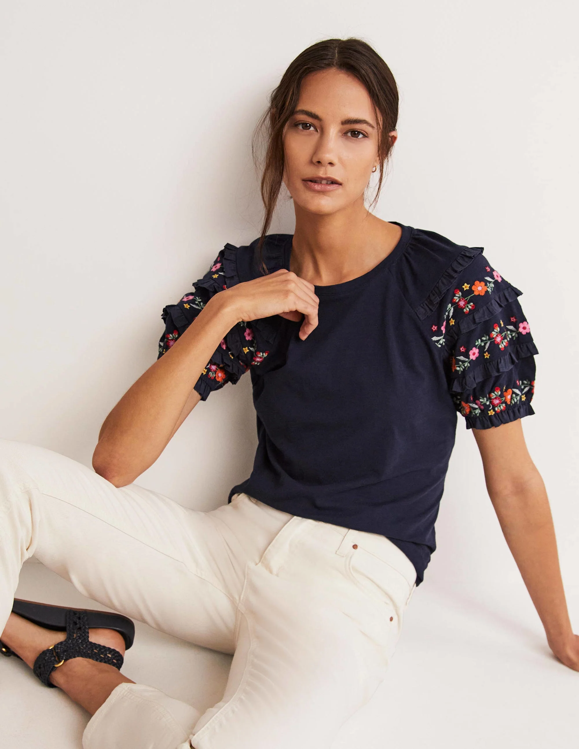 Embroidered Sleeve Jersey Top-Navy - Image 5