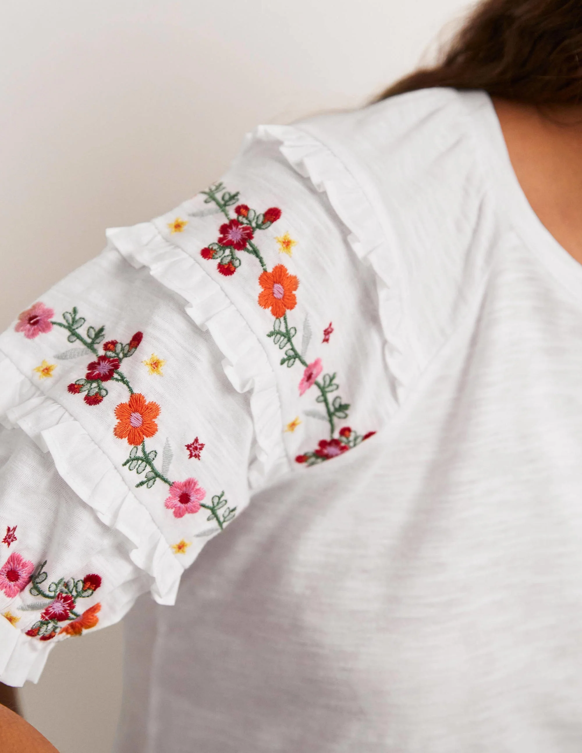 Embroidered Sleeve Jersey Top-White - Image 2