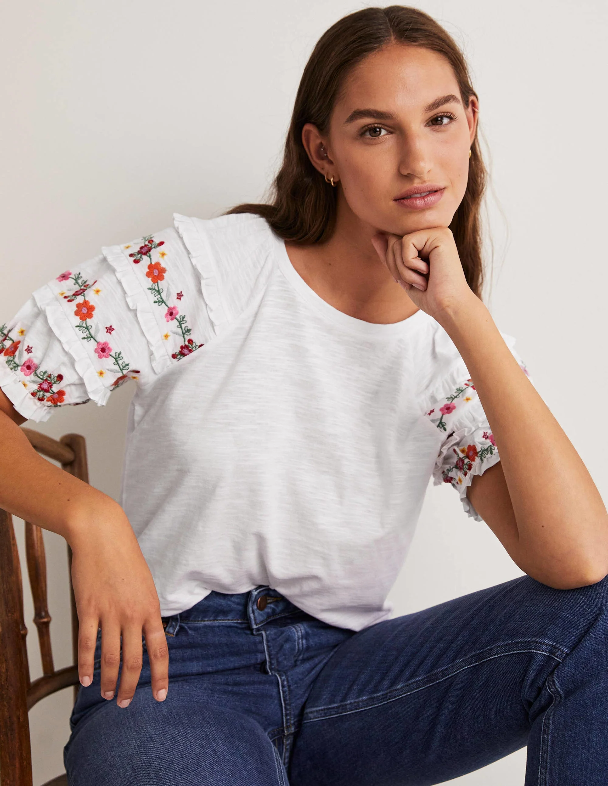 Embroidered Sleeve Jersey Top-White - Image 4