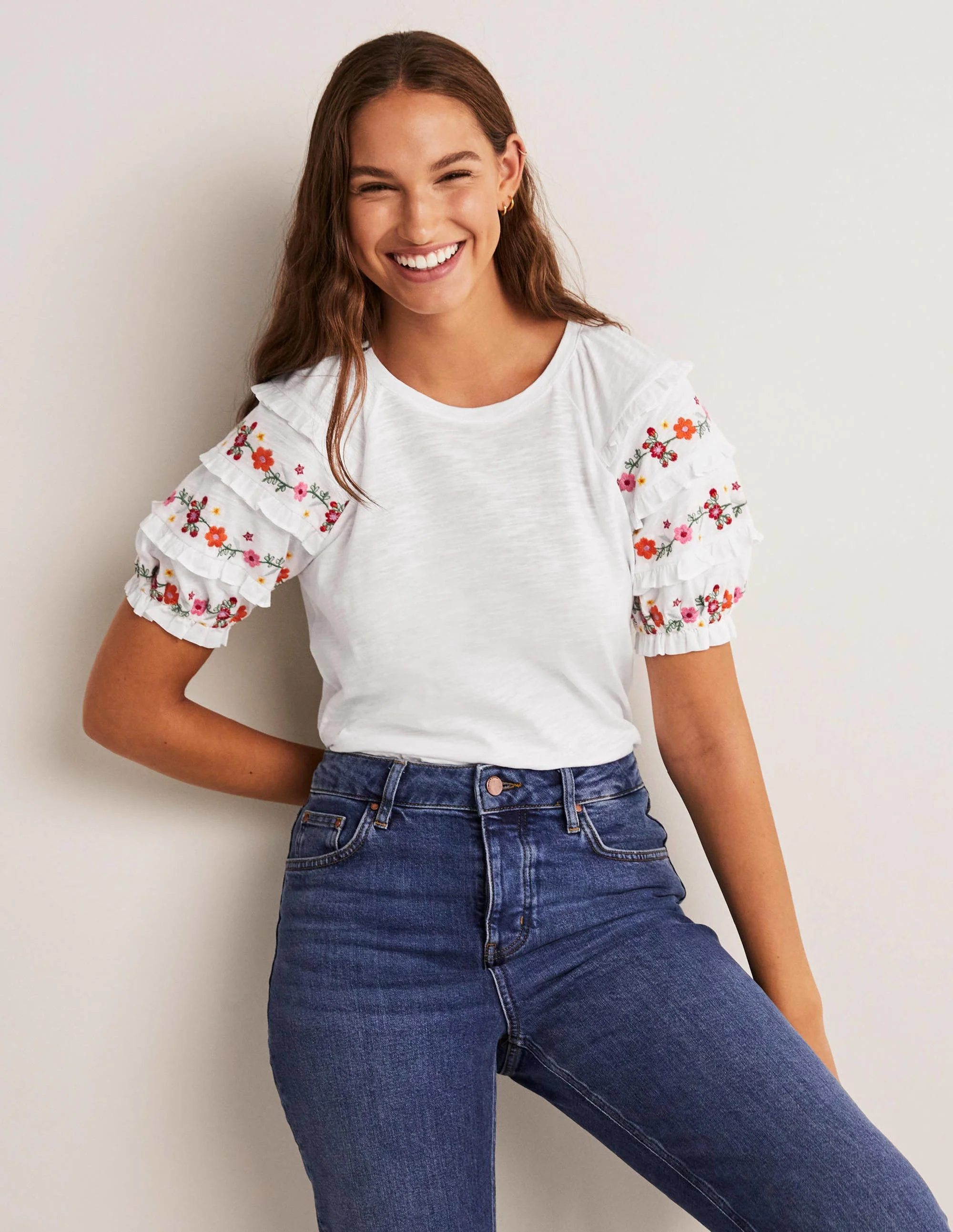 Embroidered Sleeve Jersey Top-White - Image 5