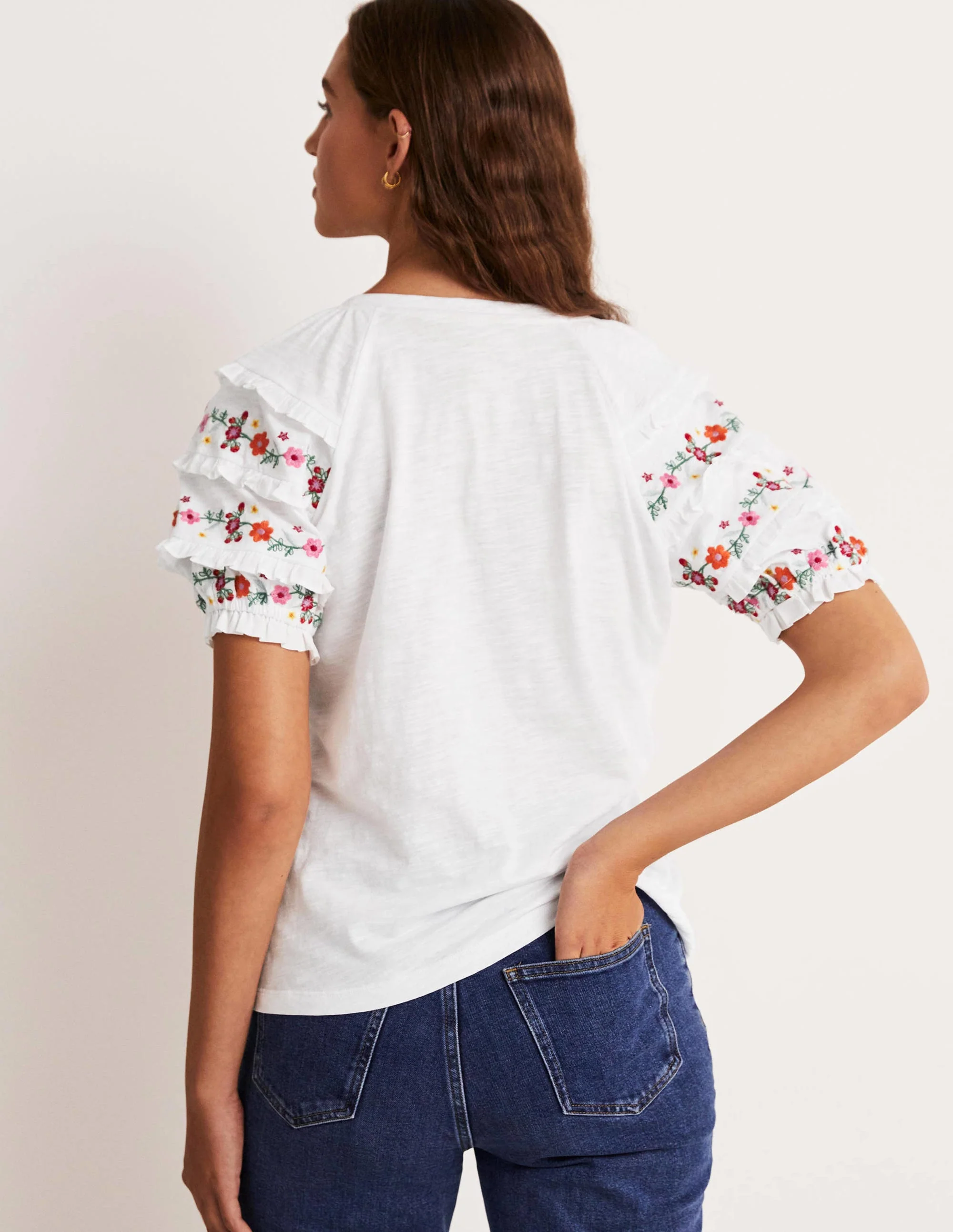 Embroidered Sleeve Jersey Top-White - Image 7
