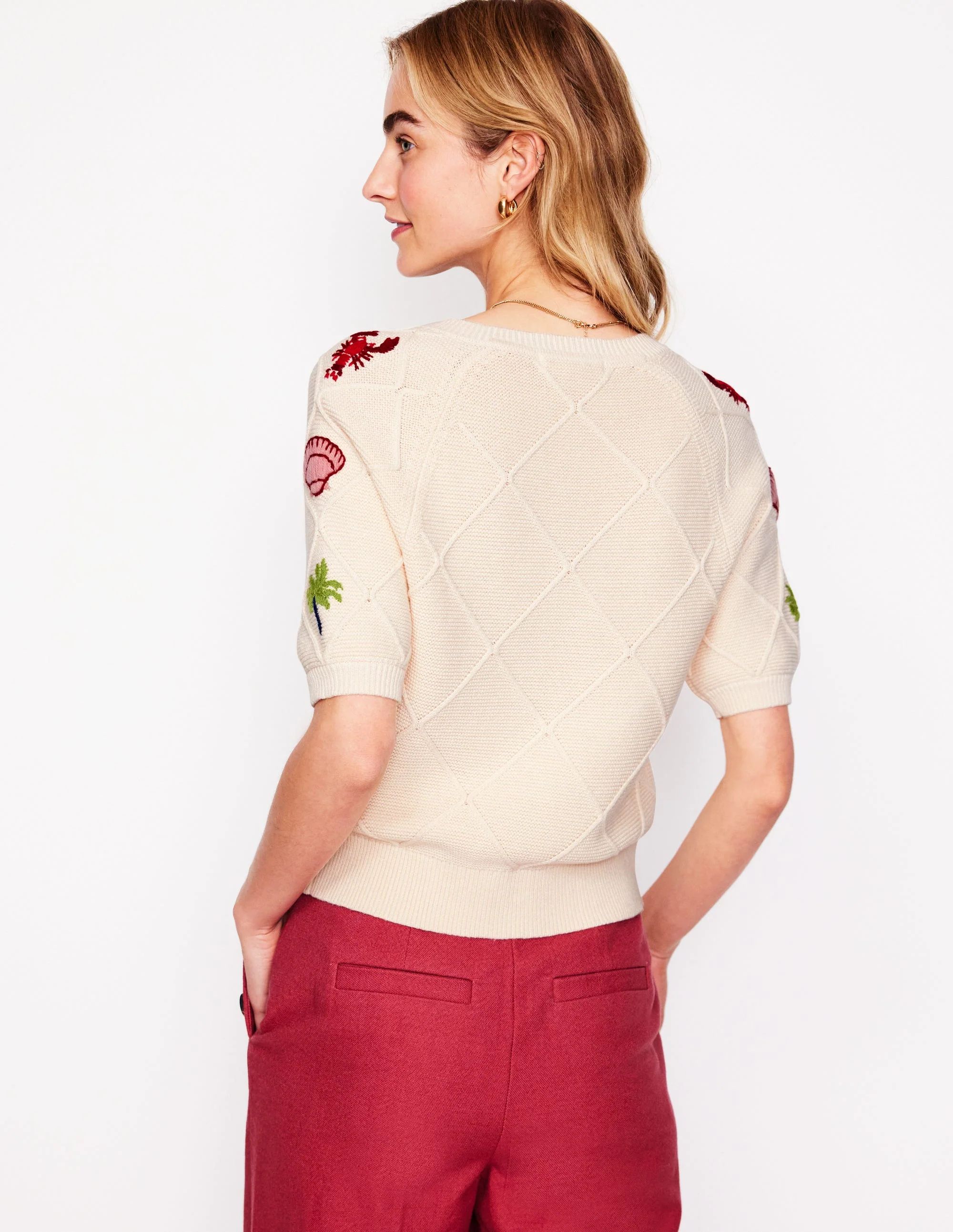 Embroidered T-Shirt Cardigan-Warm Ivory, Tropical Bonanza - Image 3