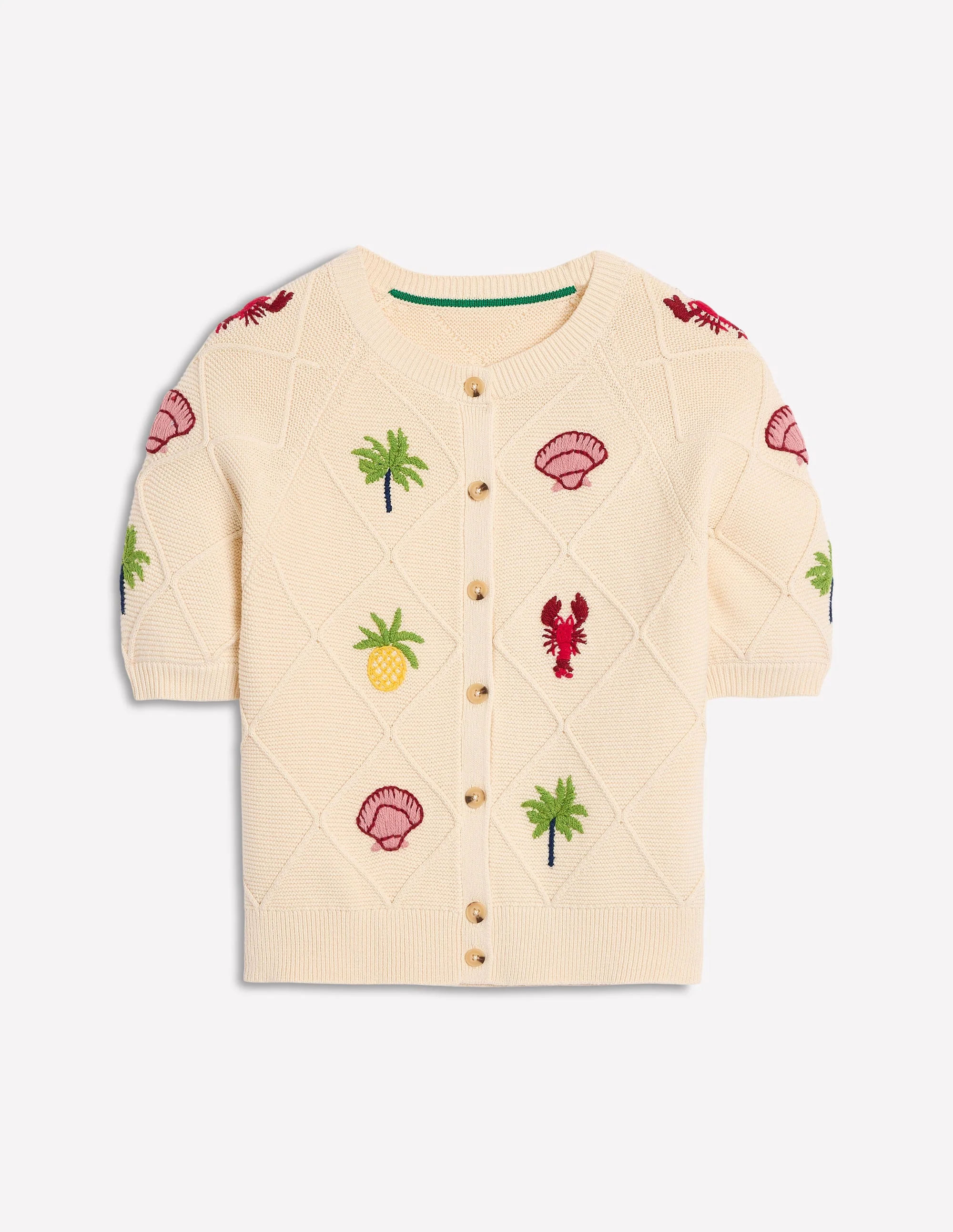 Embroidered T-Shirt Cardigan-Warm Ivory, Tropical Bonanza - Image 7