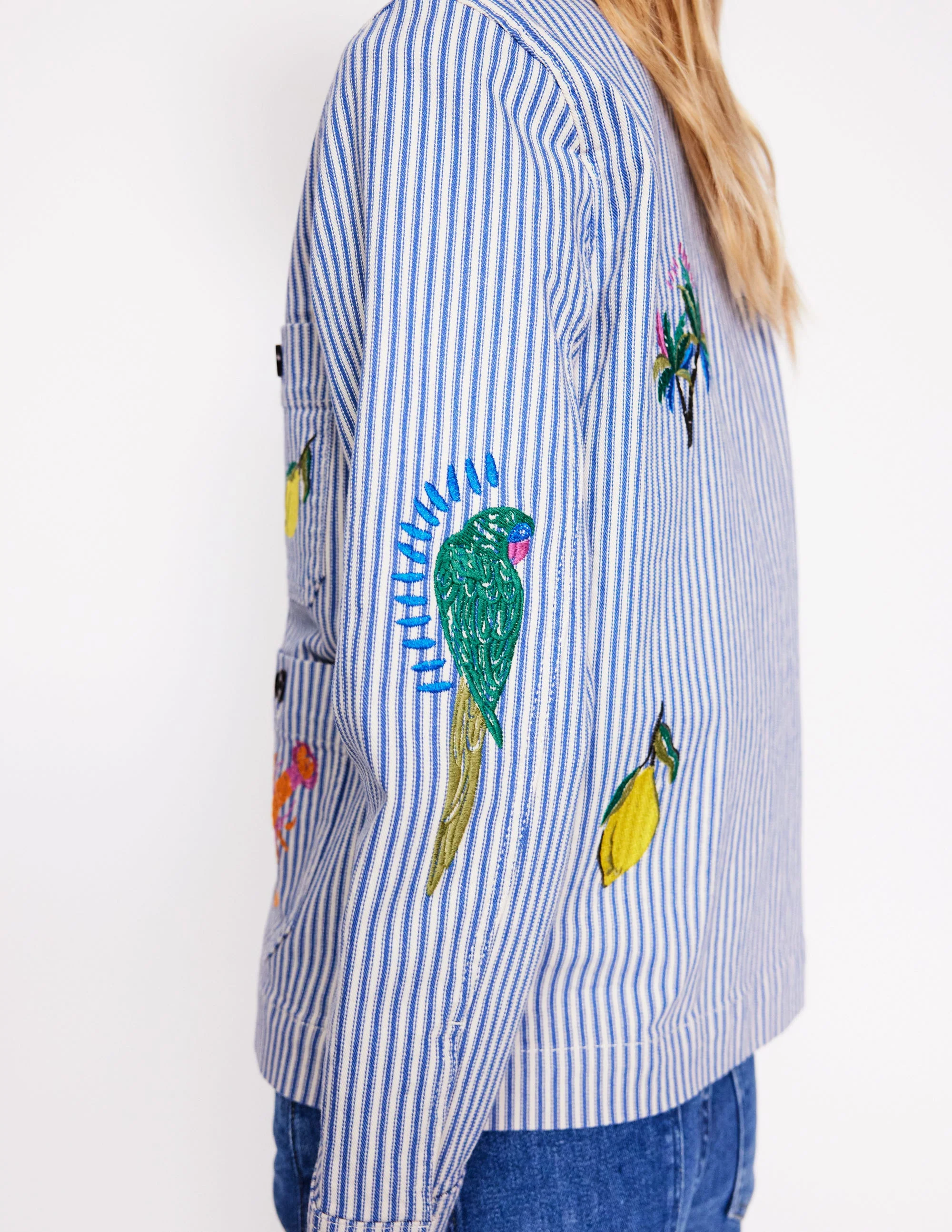 Embroidered Utility Jacket-Forget me not Blue Fine Stripe - Image 2