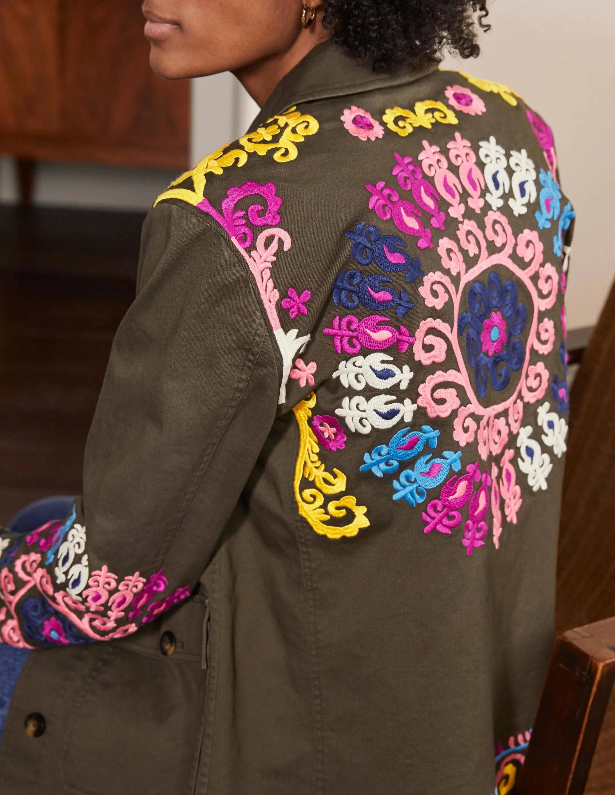 Embroidered Utility Jacket-Khaki
