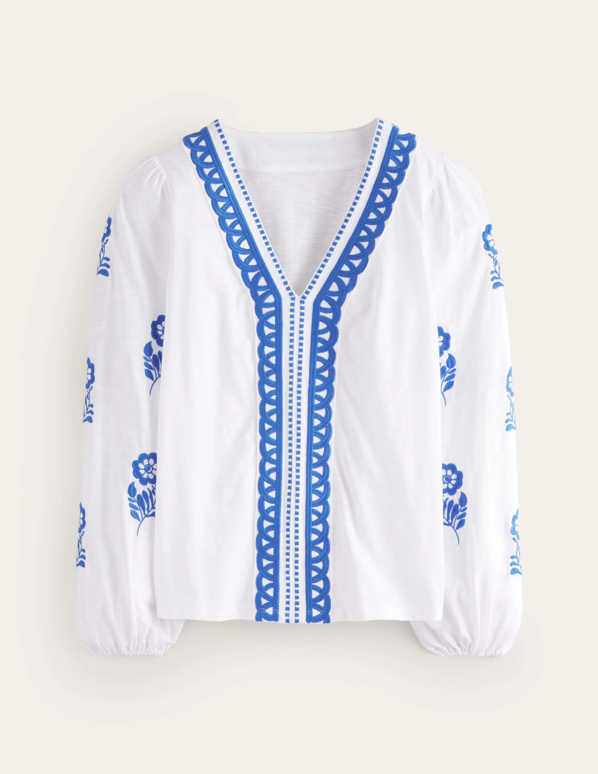 Embroidered V-Neck Top-White, Kingfisher Blue - Image 5