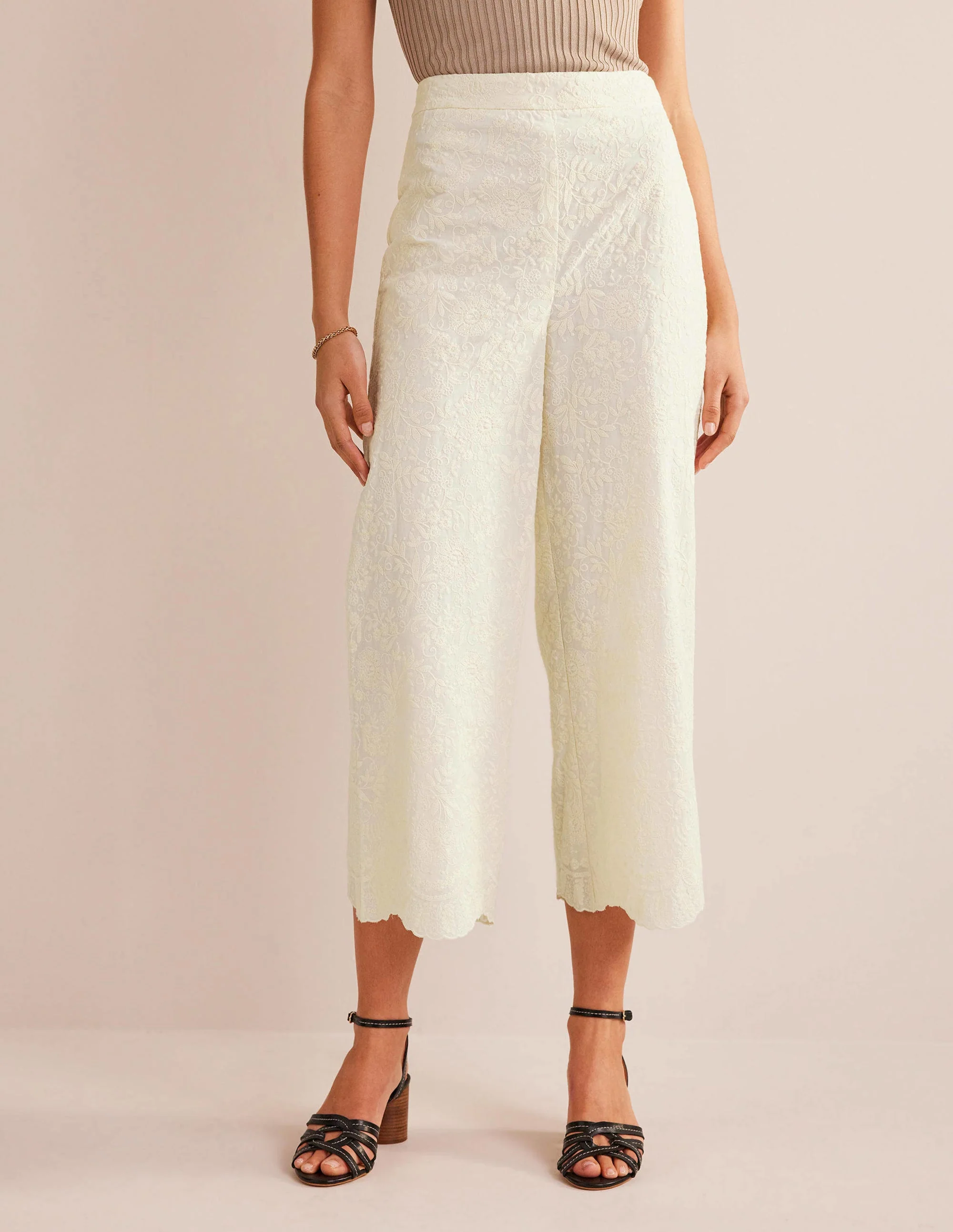 Embroidered Wide Leg Pants-Ivory - Image 4