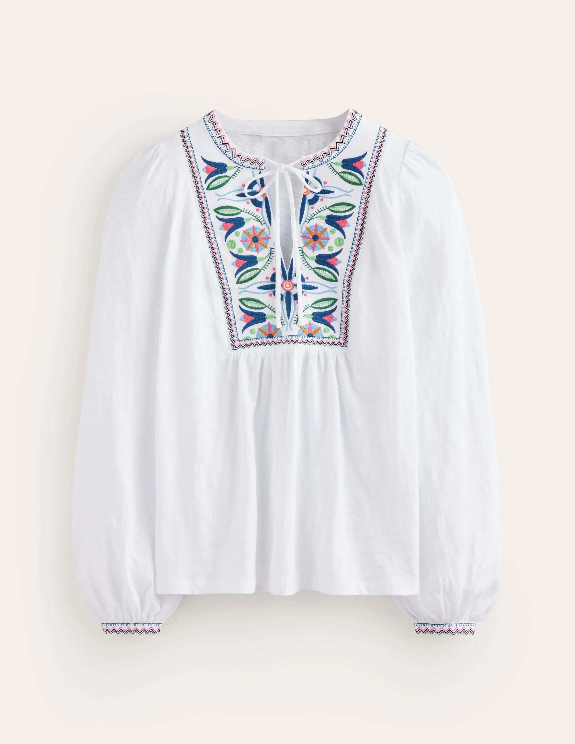 Embroidered Yoke Detail Top-White, Multi - Image 5