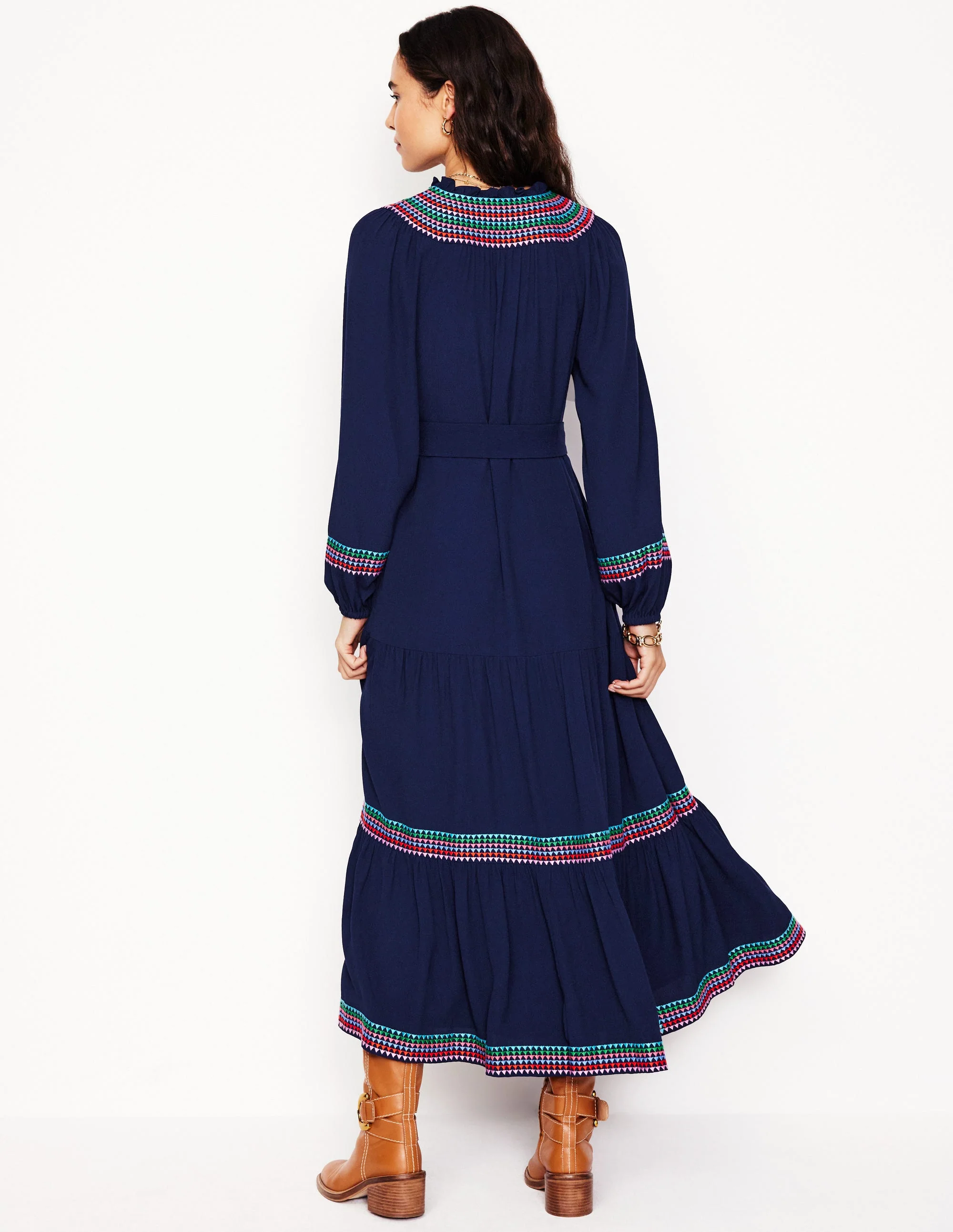 Embroidered Yoke Midi Dress-Navy - Image 3
