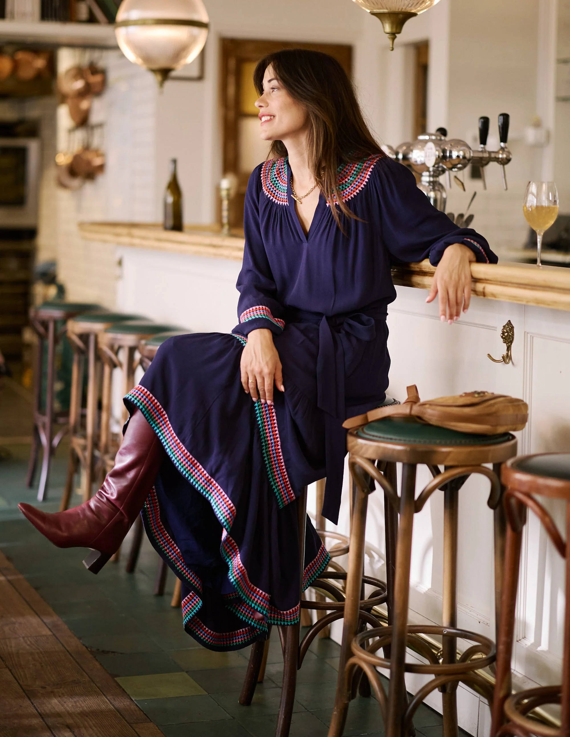 Embroidered Yoke Midi Dress-Navy - Image 5