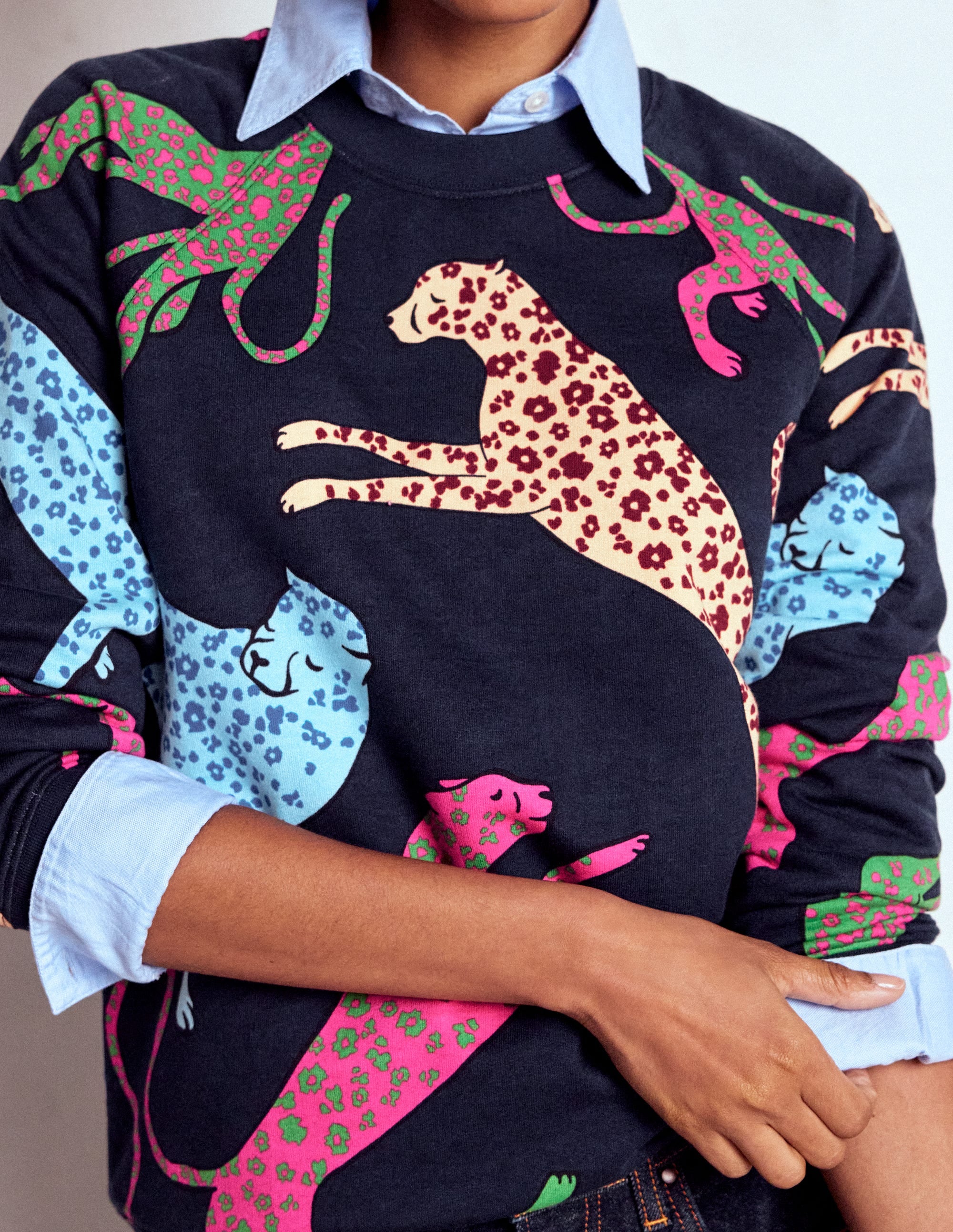 Emi Printed Sweatshirt-Navy, Leaping Leopard - Image 2