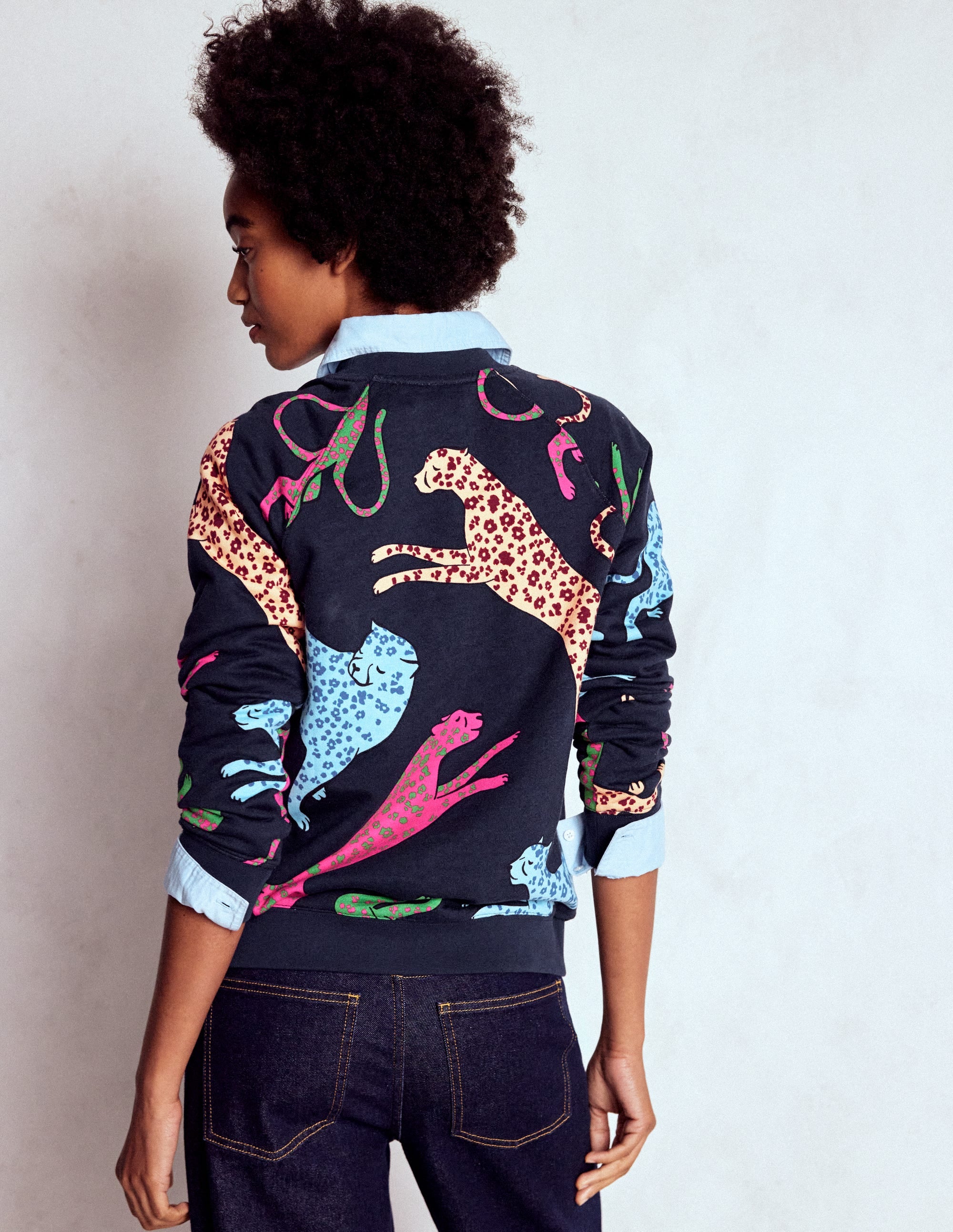 Emi Printed Sweatshirt-Navy, Leaping Leopard - Image 3