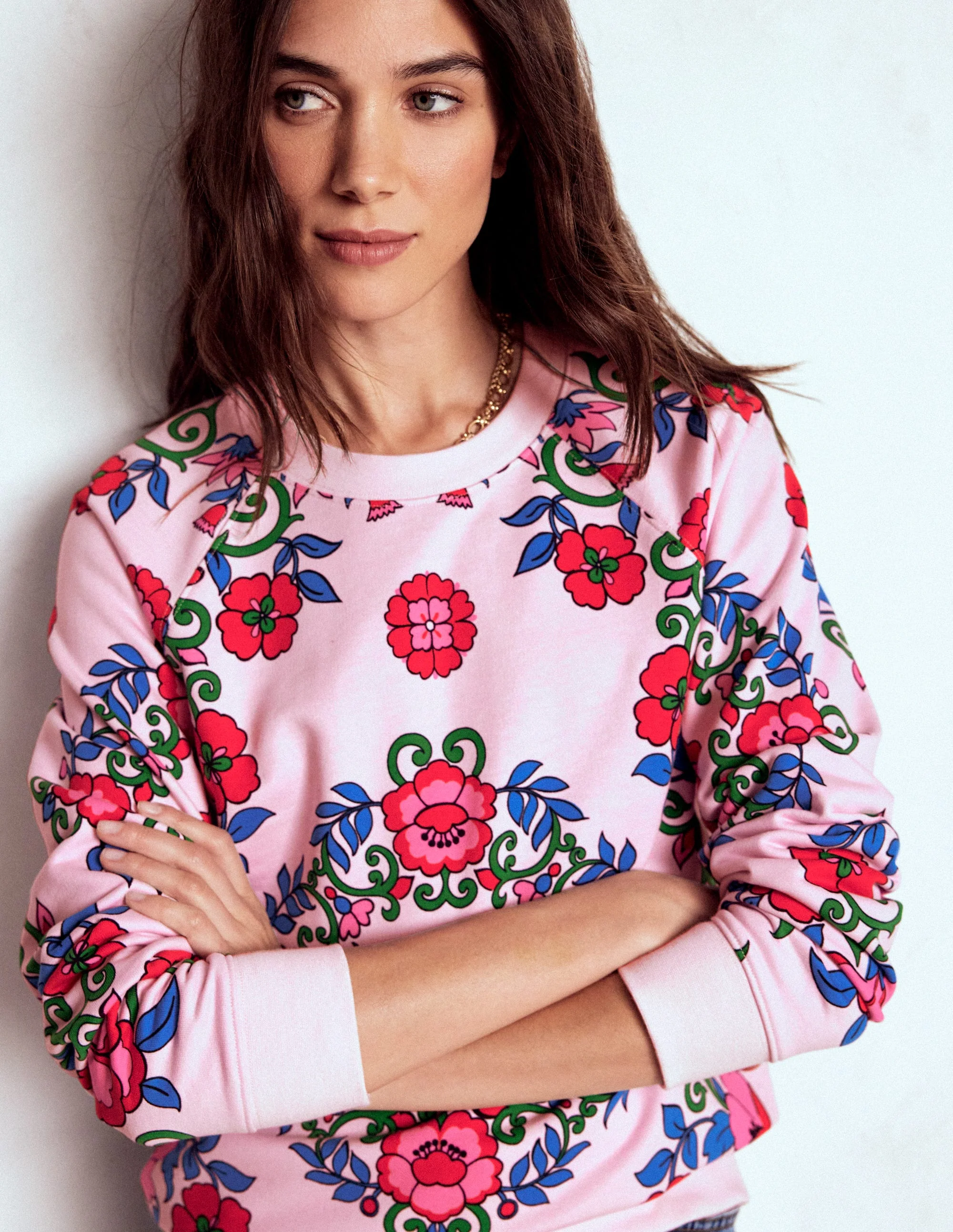 Emi Printed Sweatshirt-Pink, Ornamental Lattice