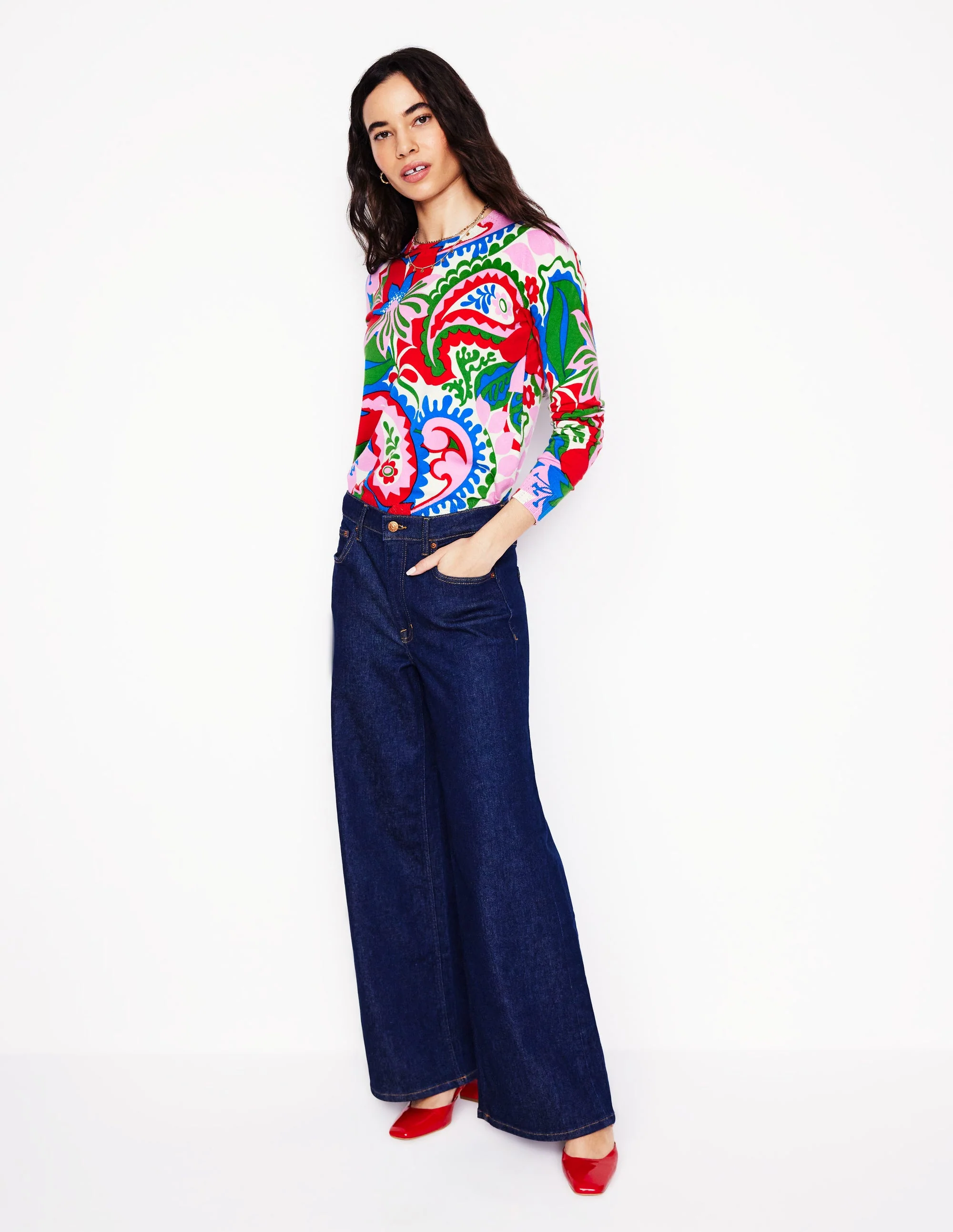 Emilia Cotton Crew Sweater-Multi, Botanical Paisley - Image 4