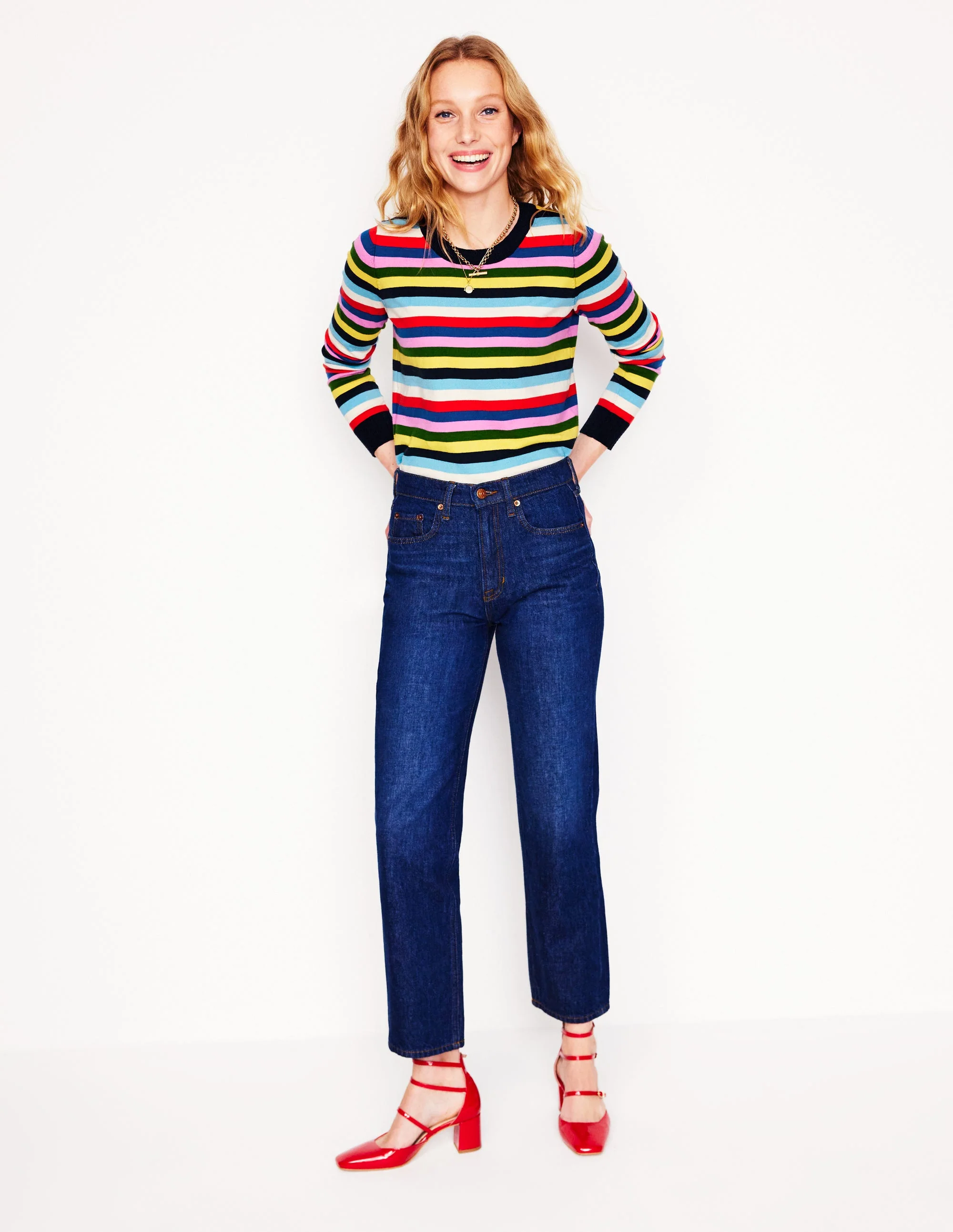 Emilia Cotton Crew Sweater-Poppy Red, Blue Multi - Image 4