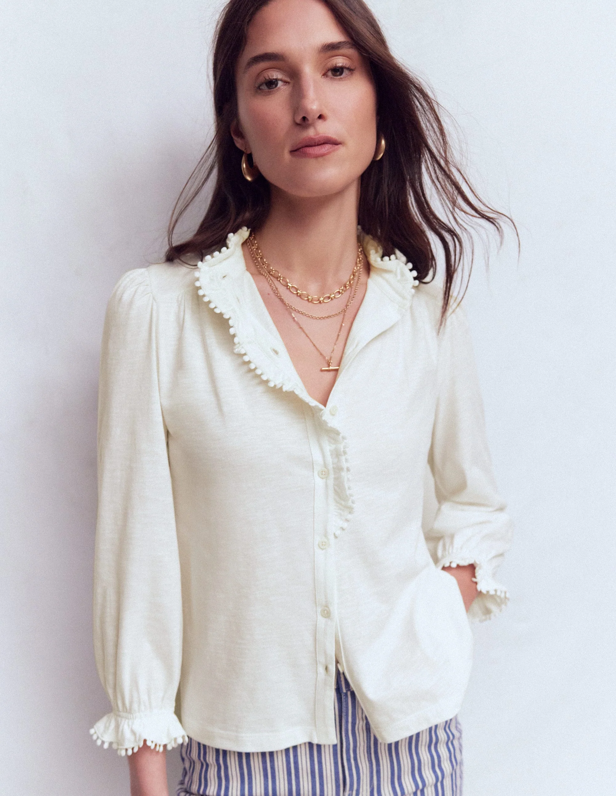 Emily Pom Trim Ruffle Shirt-Ivory - Image 4